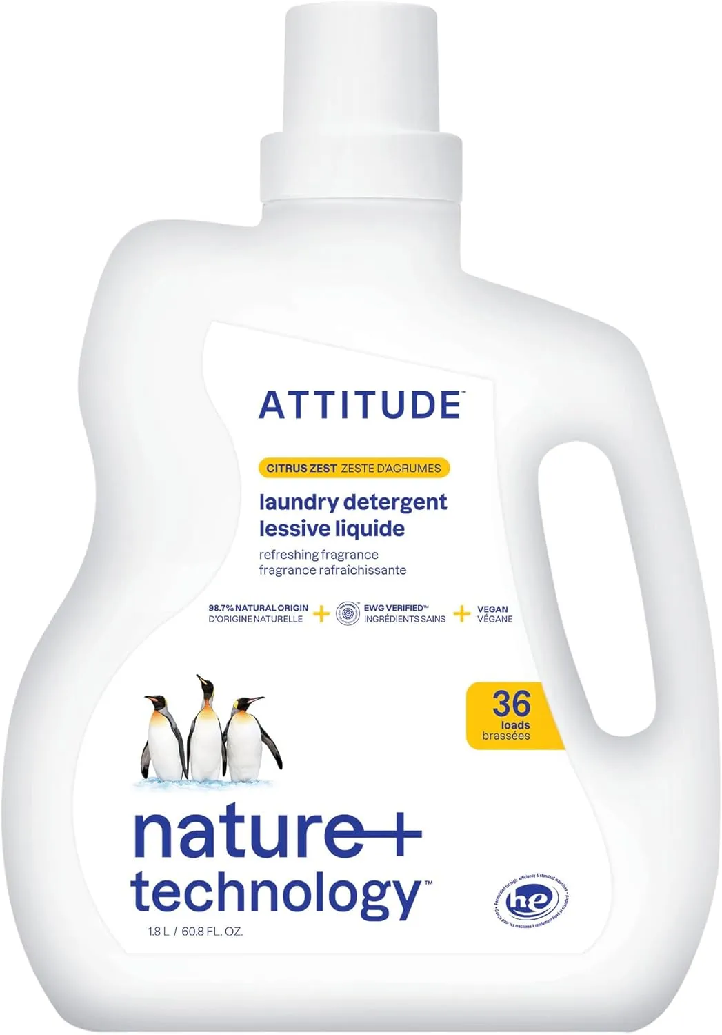 ATTITUDE Liquid Laundry Detergent, EWG Verified Laundry Soap, HE Compatible, Vegan and Plant Based Products, Cruelty-Free, Citrus Zest, 36 Loads, 60.8 Fl Oz