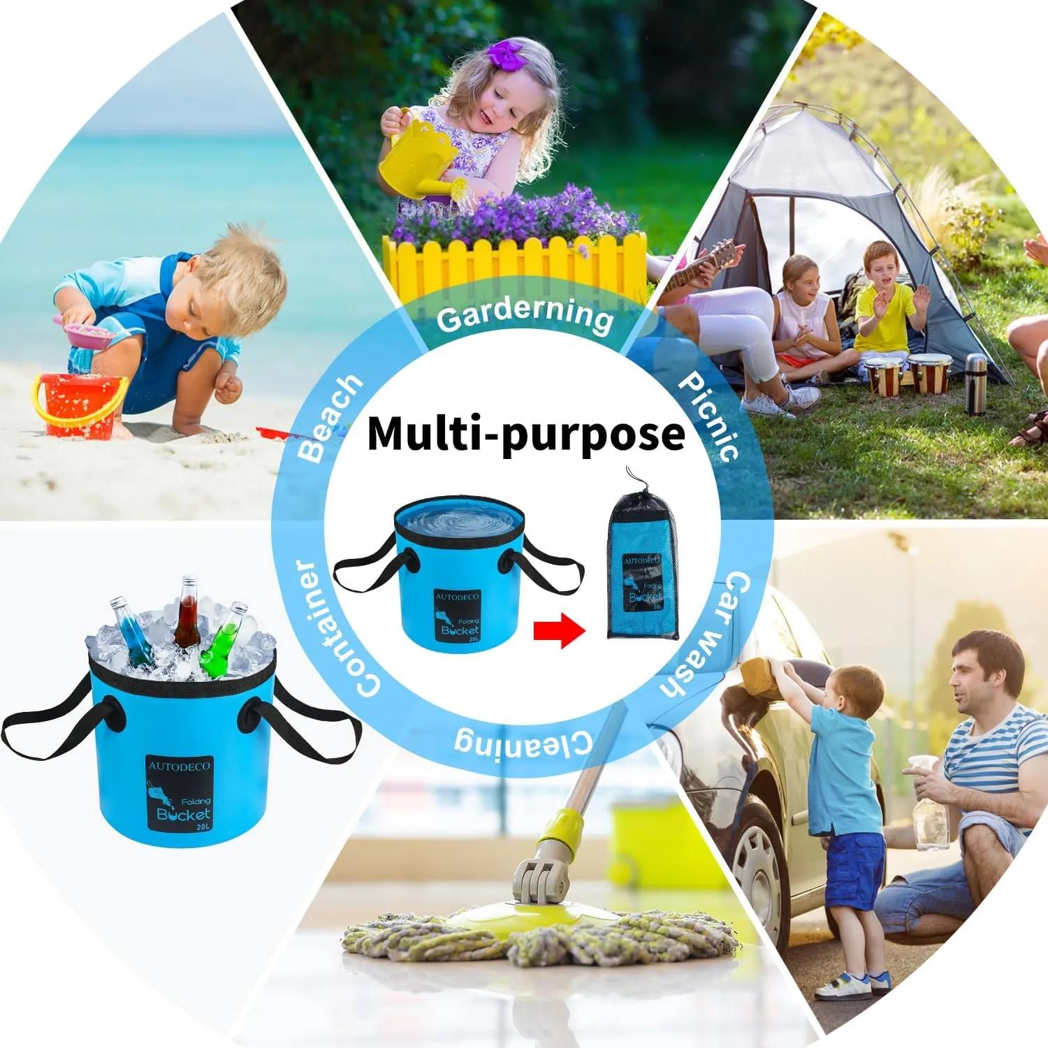 AUTODECO 5 Gallon Collapsible Bucket Water Container Portable Wash Basin for Fishing Camping Car Washing Hiking 20L