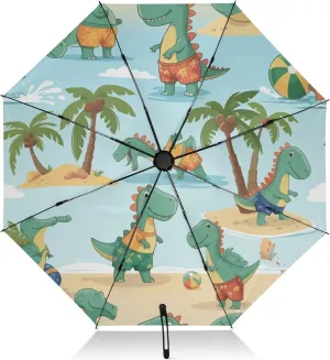 Automatic Folding Umbrella for Rain, Beach Dinosaurs Travel Umbrella UV Protection Large Windproof Inverted Umbrella with Cover Bag, 8 Ribs