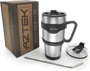 Aztek Nomad 30 oz Tumbler Stainless Steel 5-Piece Bundle 2 Leak Proof Locking Lids Handle Straw - Double Wall Vacuum Sealed Insulated Tumblers Coolers Keep Coffee Drinks Cold & Hot for Up to 24Hrs