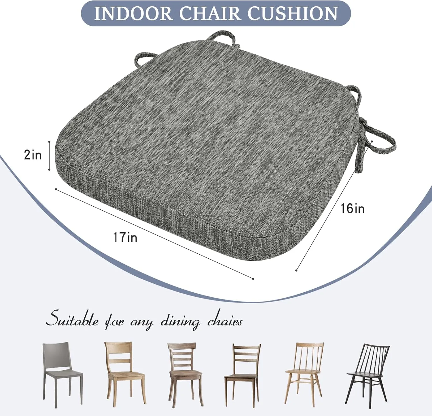 baibu Kitchen Chair Cushions, Dual-Layer Patented Design Molded Memory Foam Dining Chair Pads with Ties and Washable Cover, 17" x 16" x 2", Grey