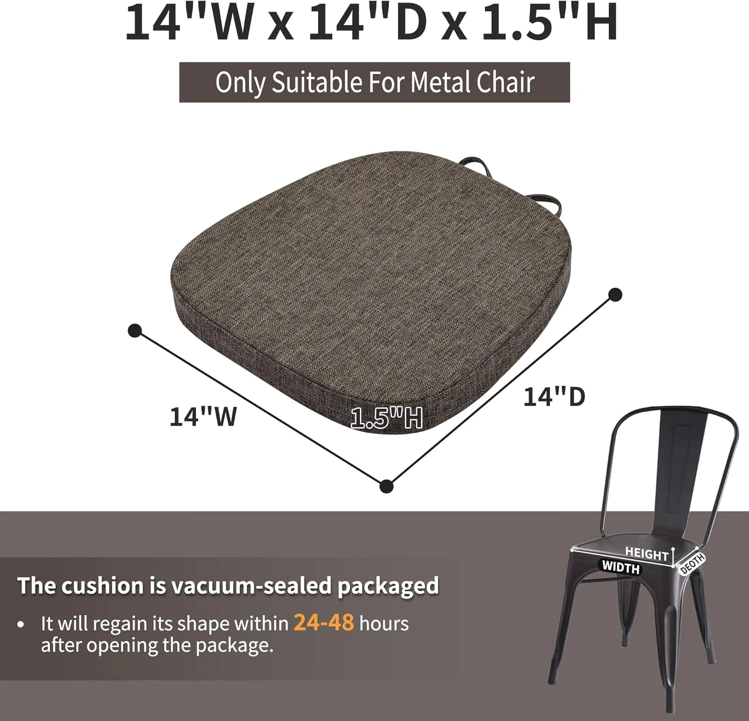 baibu Set of 4 Metal Chair Cushions with Ties, 14In Non-Slip Metal Dining Chair Pads Kitchen Seat Cushion with Machine Washable Cover, 14x14x1.5in, Brown