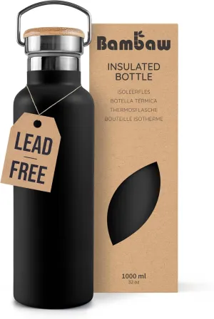 Bambaw Insulated Water Bottle 32 oz, Black Water Bottle with Handle, Stainless Steel Water Bottle, Thermo Water Bottle Metal, 1 Liter Water Bottle, Large Water Bottle 32oz – Jet Black