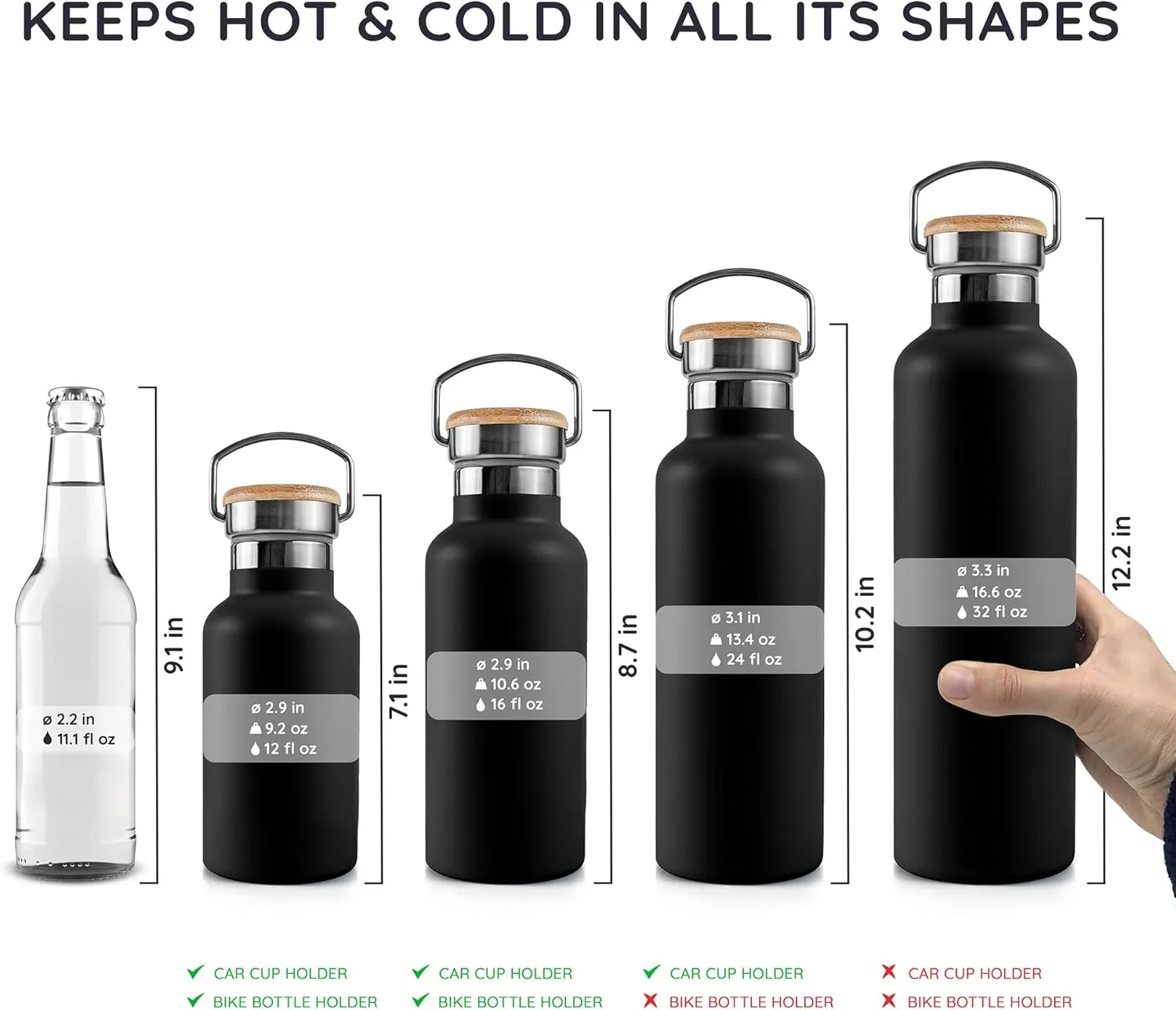 Bambaw Insulated Water Bottle 32 oz, Black Water Bottle with Handle, Stainless Steel Water Bottle, Thermo Water Bottle Metal, 1 Liter Water Bottle, Large Water Bottle 32oz – Jet Black