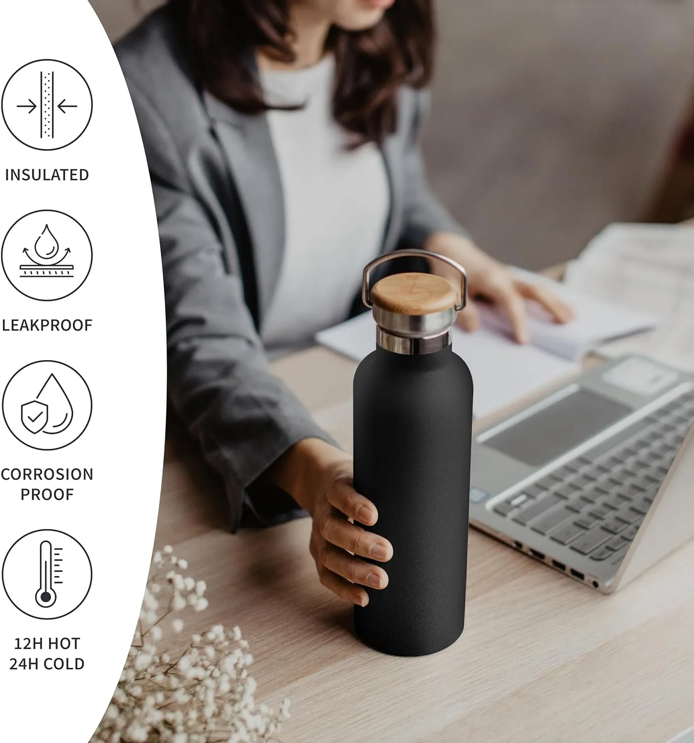Bambaw Insulated Water Bottle 32 oz, Black Water Bottle with Handle, Stainless Steel Water Bottle, Thermo Water Bottle Metal, 1 Liter Water Bottle, Large Water Bottle 32oz – Jet Black