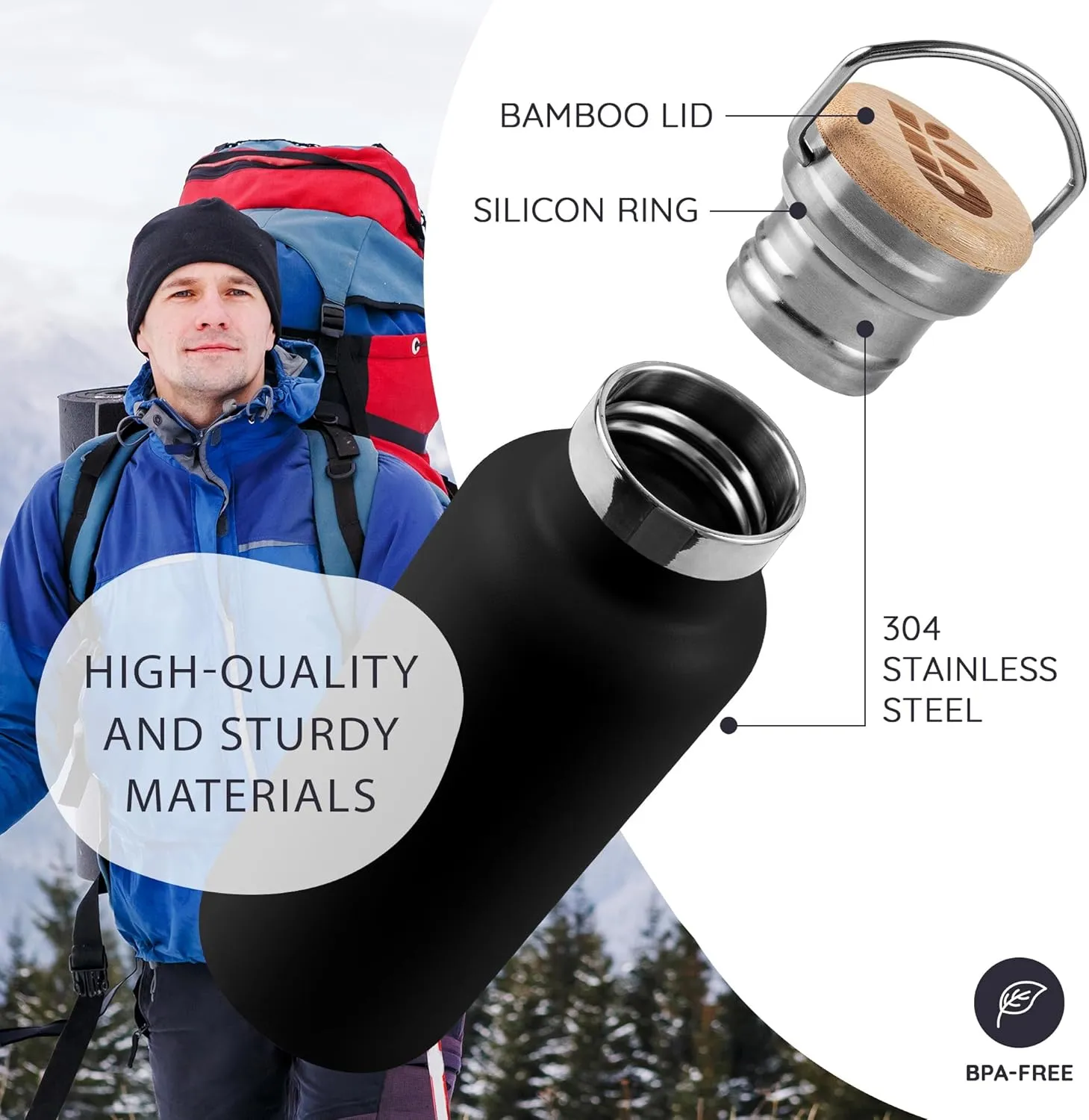 Bambaw Insulated Water Bottle 32 oz, Black Water Bottle with Handle, Stainless Steel Water Bottle, Thermo Water Bottle Metal, 1 Liter Water Bottle, Large Water Bottle 32oz – Jet Black