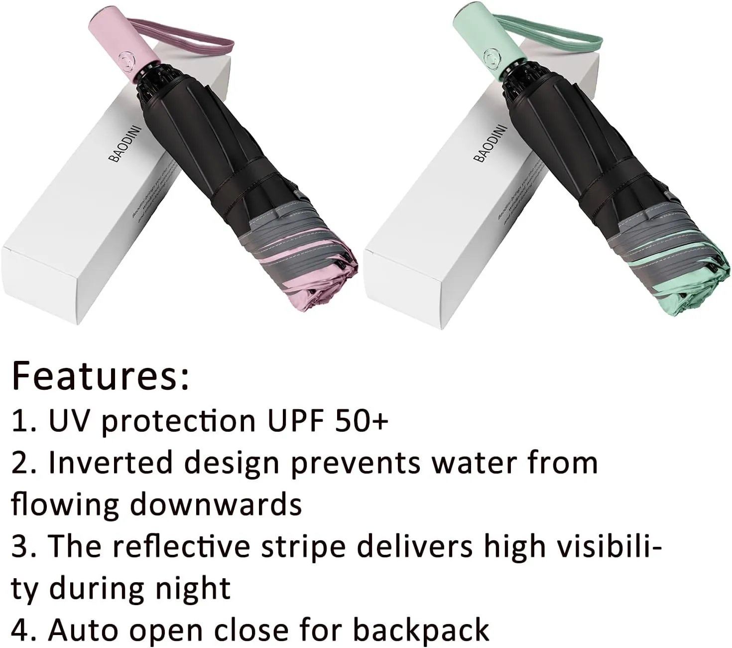 BAODINI Inverted UV Umbrella for Rain and Sun Medium Size UPF 50  Rverse Compact Umbrella Auto Open Close