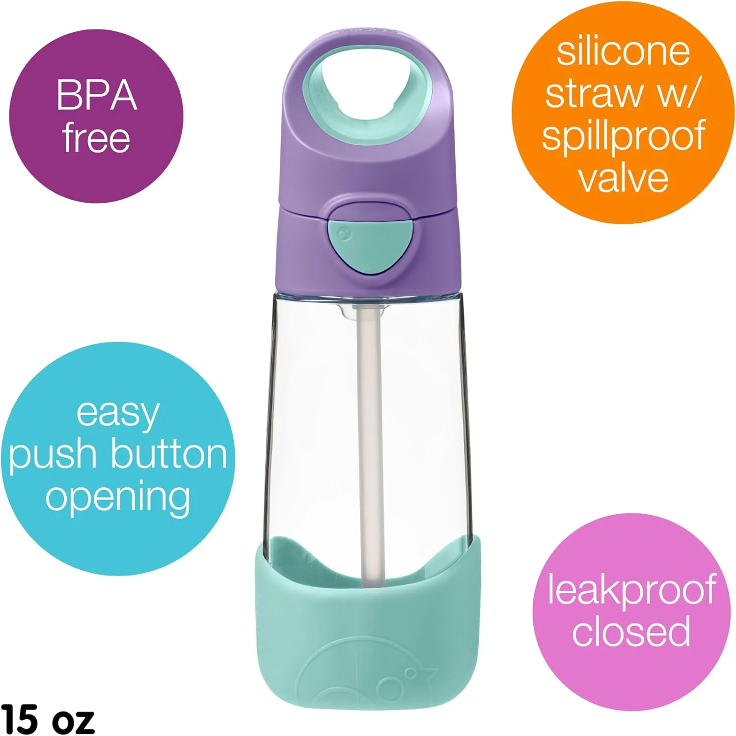 b.box 15 oz Tritan Drink Bottle: Kids Water Bottle w/Straw & Lid for School, Travel, Daycare. Spill & Leak Proof. Easy Grip Triangle Shape. BPA Free, Dishwasher Safe.