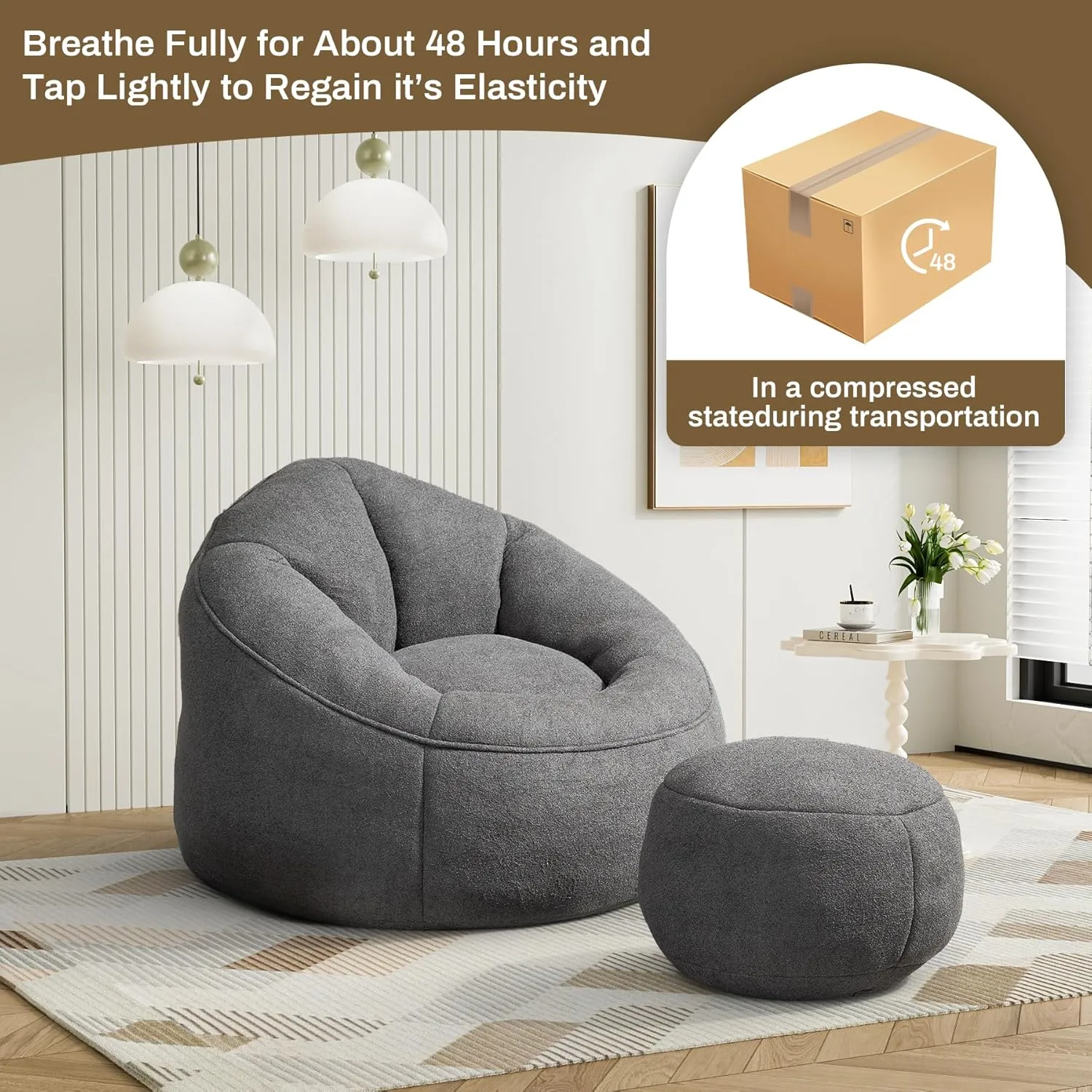 Bean Bag Sofa Chair with Ottoman Set of 2, Comfy Microfiber Large Lazy Sofa with Footstool, Oversized Upholstered Fluffy Beanbag Chair with Memory Foam Filler for Living Room, Bedroom, Grey