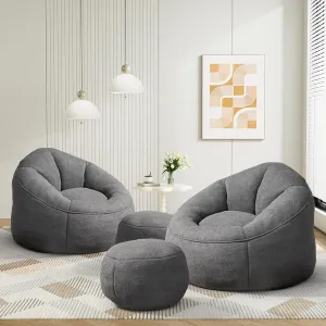 Bean Bag Sofa Chair with Ottoman Set of 2, Comfy Microfiber Large Lazy Sofa with Footstool, Oversized Upholstered Fluffy Beanbag Chair with Memory Foam Filler for Living Room, Bedroom, Grey