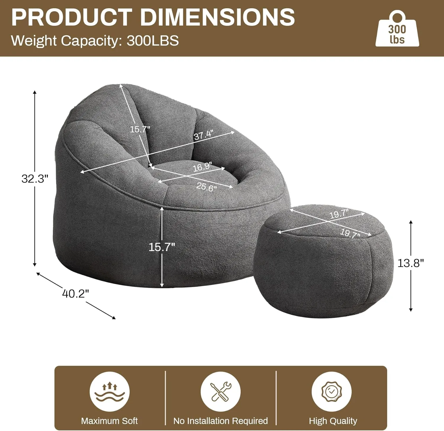 Bean Bag Sofa Chair with Ottoman Set of 2, Comfy Microfiber Large Lazy Sofa with Footstool, Oversized Upholstered Fluffy Beanbag Chair with Memory Foam Filler for Living Room, Bedroom, Grey