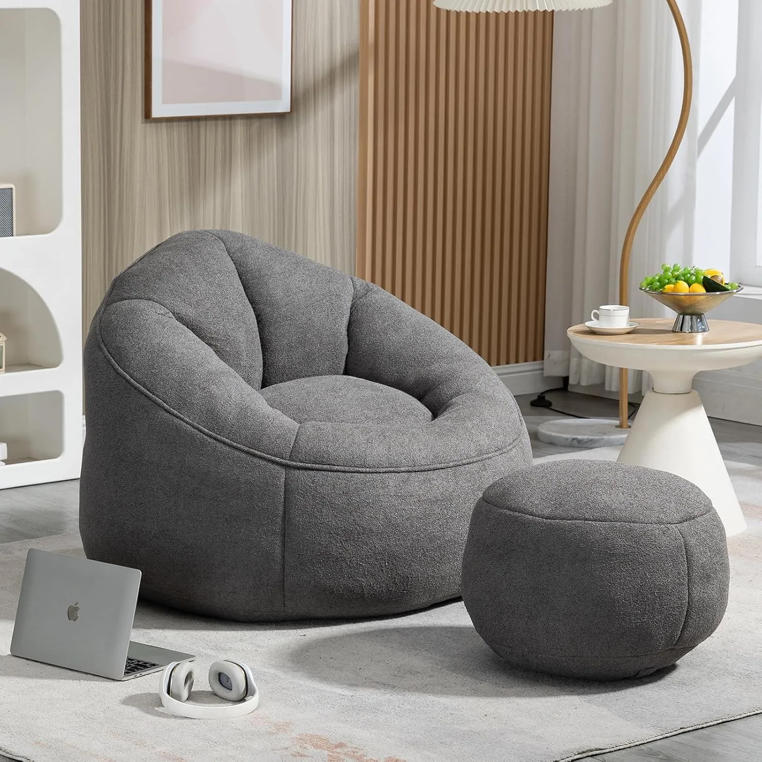 Bean Bag Sofa Chair with Ottoman Set of 2, Comfy Microfiber Large Lazy Sofa with Footstool, Oversized Upholstered Fluffy Beanbag Chair with Memory Foam Filler for Living Room, Bedroom, Grey