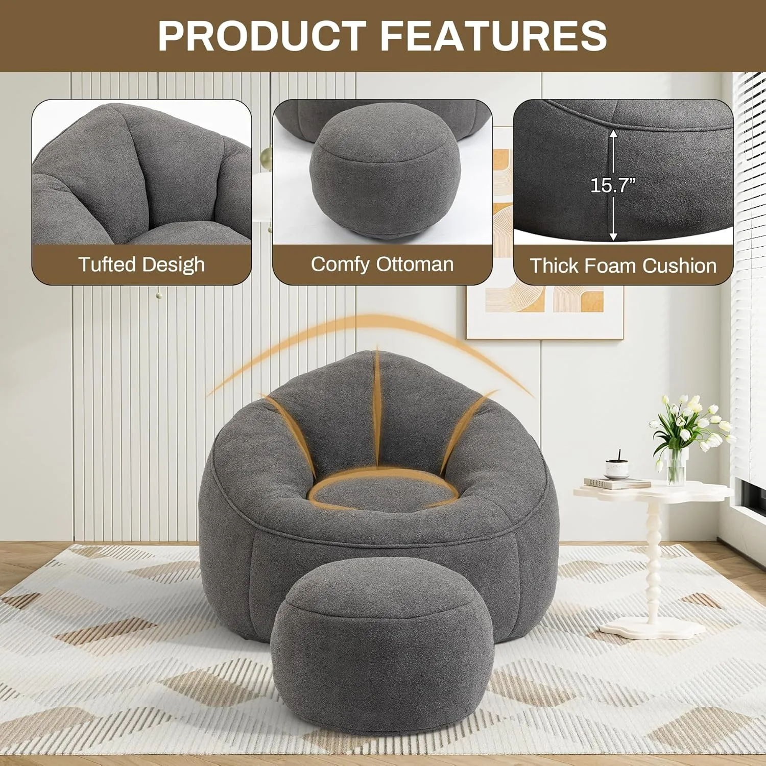 Bean Bag Sofa Chair with Ottoman Set of 2, Comfy Microfiber Large Lazy Sofa with Footstool, Oversized Upholstered Fluffy Beanbag Chair with Memory Foam Filler for Living Room, Bedroom, Grey
