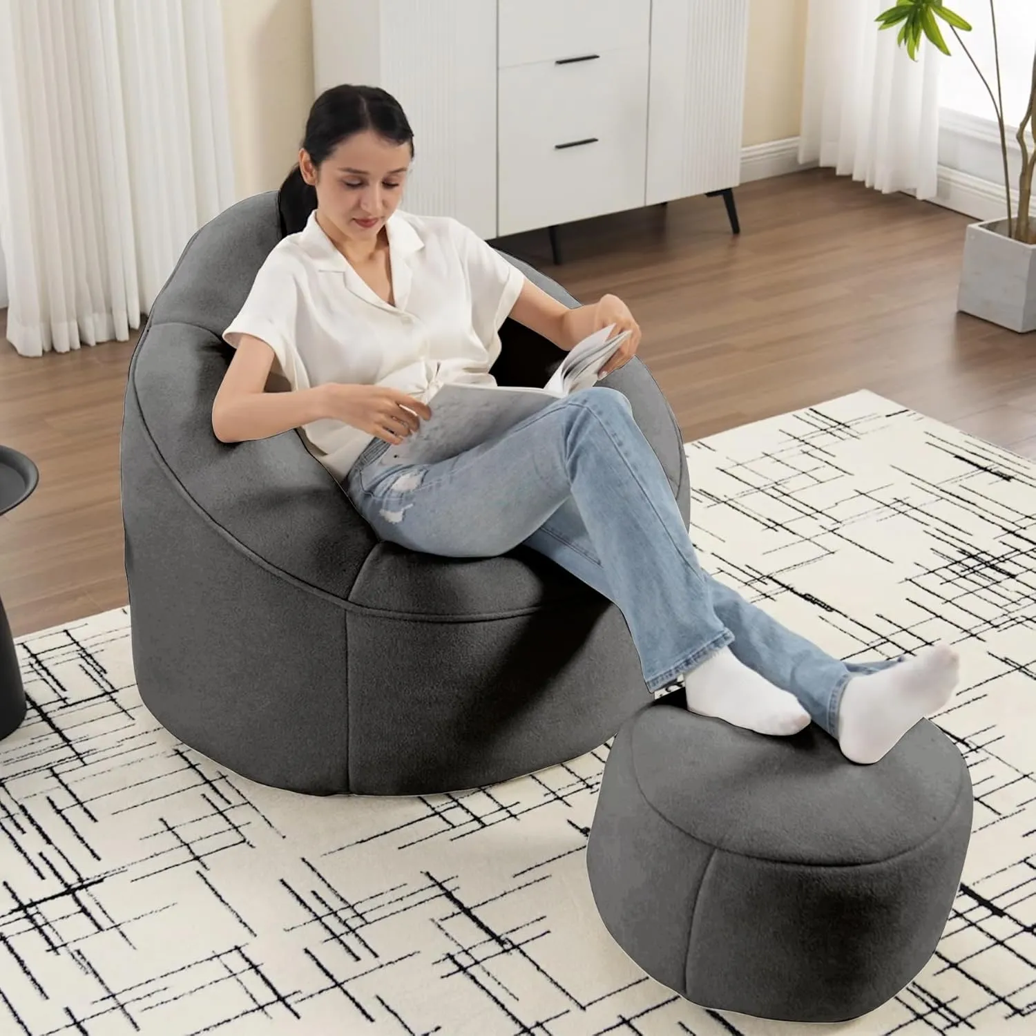 Bean Bag Sofa Chair with Ottoman Set of 2, Comfy Microfiber Large Lazy Sofa with Footstool, Oversized Upholstered Fluffy Beanbag Chair with Memory Foam Filler for Living Room, Bedroom, Grey