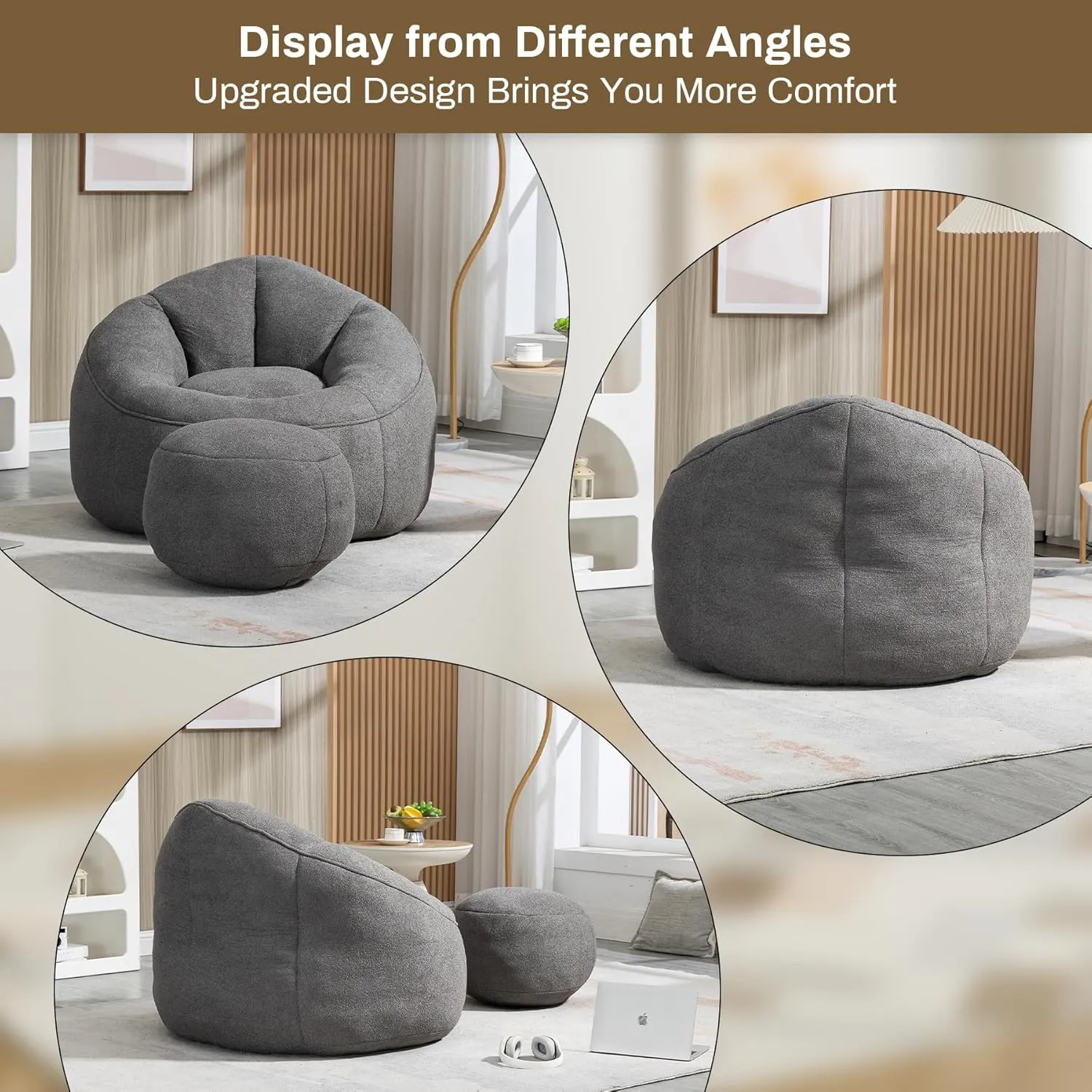 Bean Bag Sofa Chair with Ottoman Set of 2, Comfy Microfiber Large Lazy Sofa with Footstool, Oversized Upholstered Fluffy Beanbag Chair with Memory Foam Filler for Living Room, Bedroom, Grey
