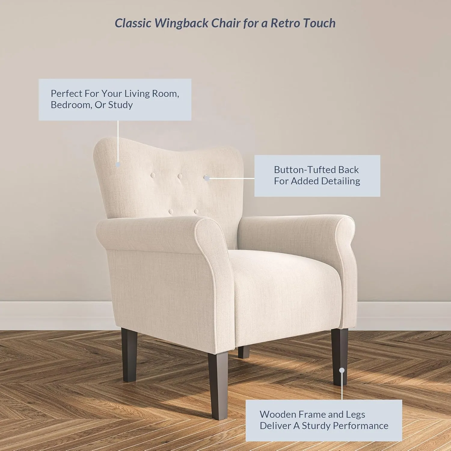 BELLEZE Modern Accent Chair, High Back Armchair, Upholstered Wingback Side Chair, Padded Single Sofa with Wooden Legs for Living Room, Bedroom - Beige