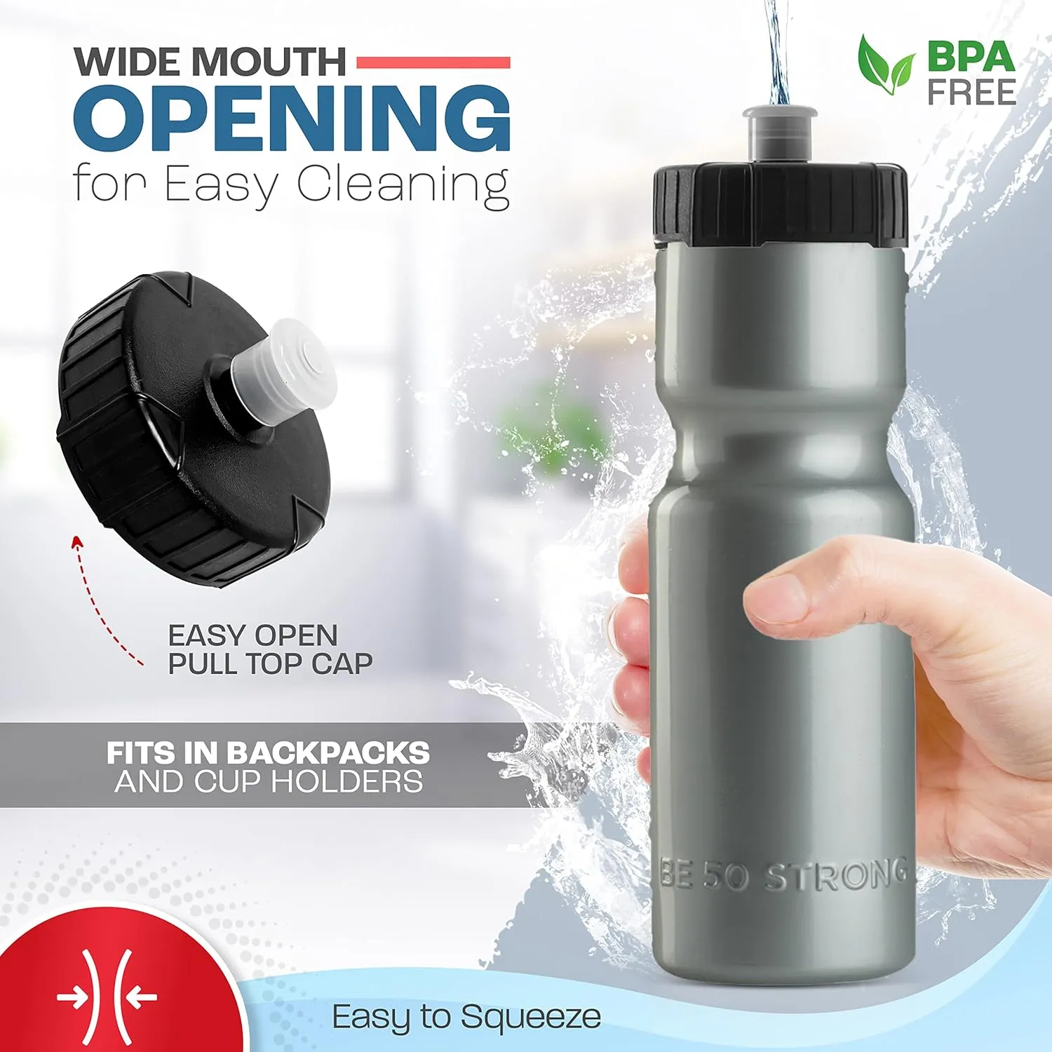 Bike Water Bottle Holder & Bottle Combo – 2-Pack 22 oz Sports Squeeze Bottles with Pull Top Cap & Easy-Install Bike Cage – Made in USA – 50 Strong Brand