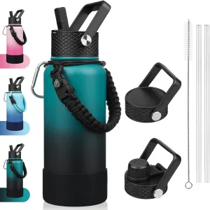 BJPKPK 32oz Insulated Water Bottles with 3 Lids, Paracord Handle & Non-slip Boot, Stainless Steel Metal Water Bottle,Reusable BPA Free Thermos, Tumblers, Army Green & Black
