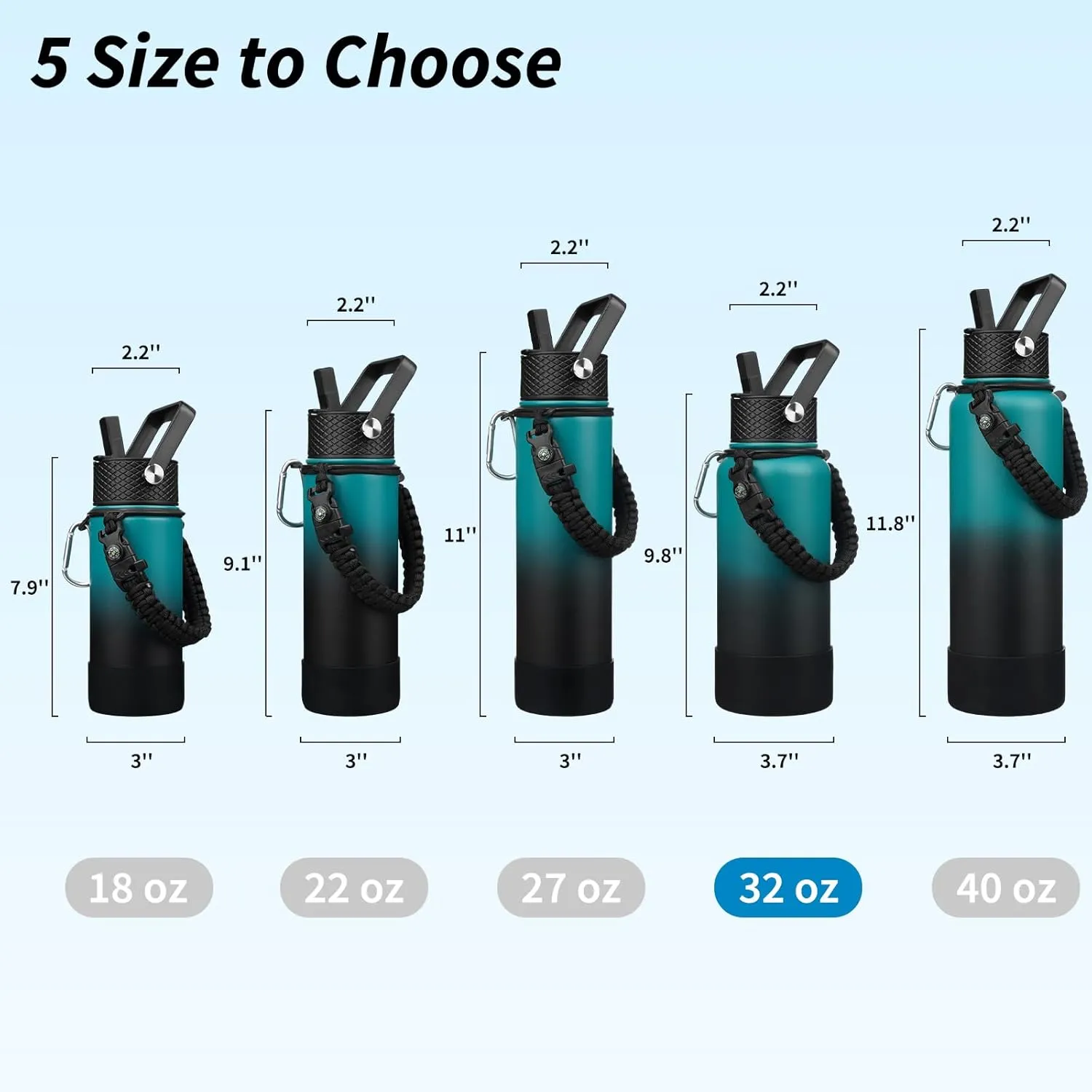 BJPKPK 32oz Insulated Water Bottles with 3 Lids, Paracord Handle & Non-slip Boot, Stainless Steel Metal Water Bottle,Reusable BPA Free Thermos, Tumblers, Army Green & Black