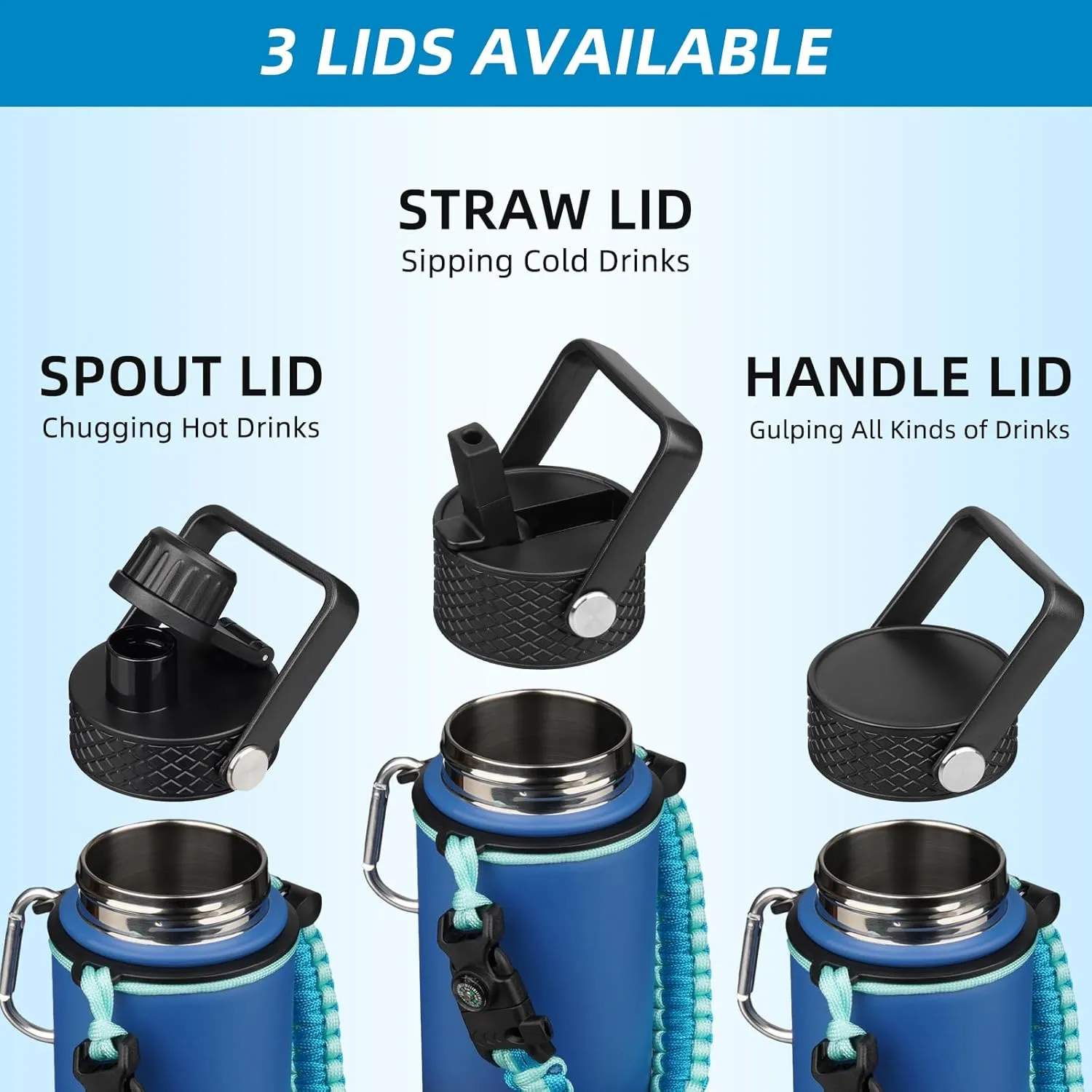 BJPKPK Insulated Water Bottle with Straw Lid, 22oz Thermos Water Bottles with 3 Lids, Paracord Handle & Non-slip Boot, BPA Free Leak Proof Stainless Steel Tumblers,Bamboo Grove