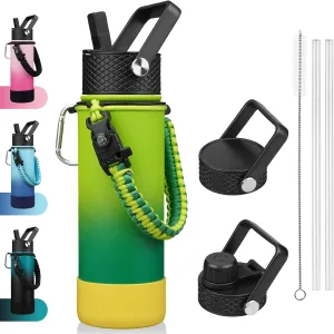 BJPKPK Insulated Water Bottle with Straw Lid, 22oz Thermos Water Bottles with 3 Lids, Paracord Handle & Non-slip Boot, BPA Free Leak Proof Stainless Steel Tumblers,Bamboo Grove