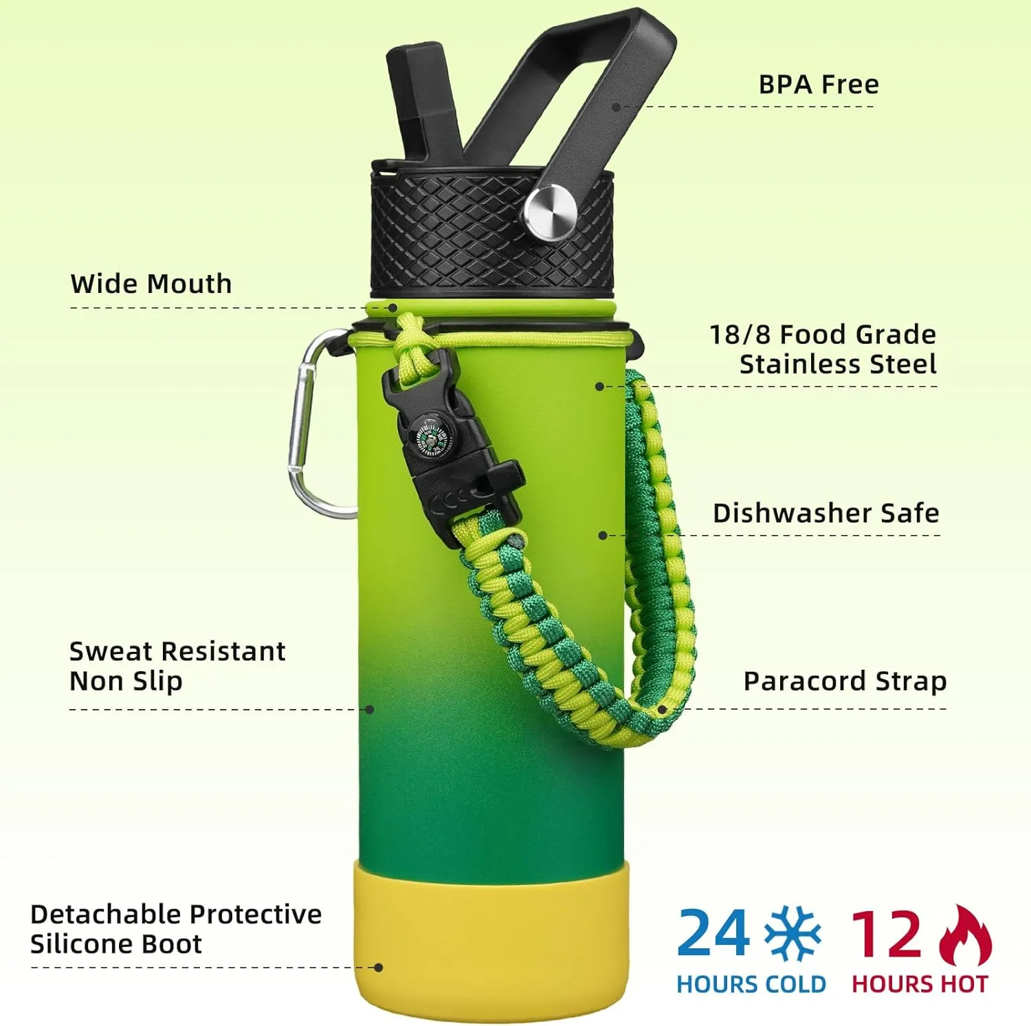 BJPKPK Insulated Water Bottle with Straw Lid, 22oz Thermos Water Bottles with 3 Lids, Paracord Handle & Non-slip Boot, BPA Free Leak Proof Stainless Steel Tumblers,Bamboo Grove