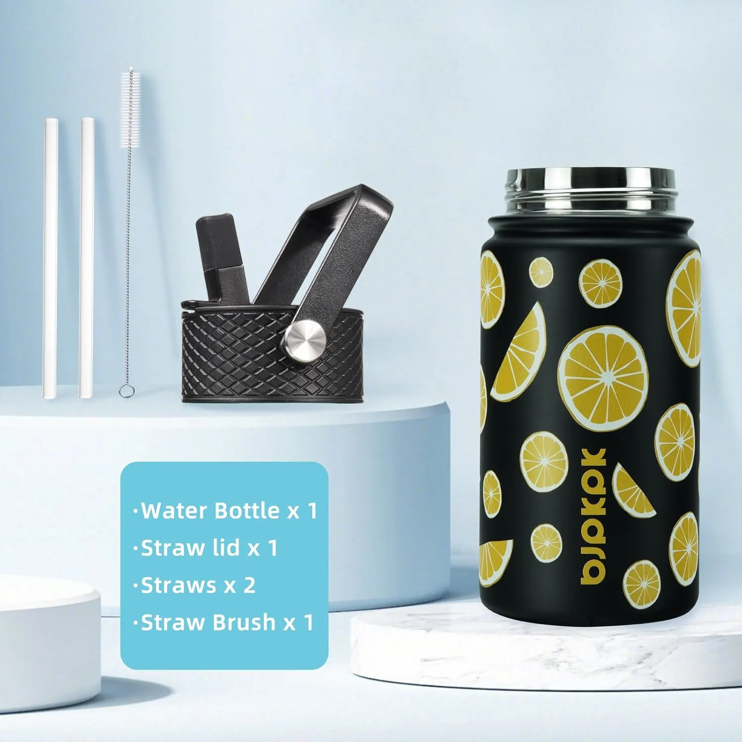 BJPKPK Water Bottle with Straw Lid, 15 oz Insulated Water Bottle, Stainless Steel Metal Water Bottles, Reusable Leak Proof BPA Free Thermos, Flask, Cups,Lemon