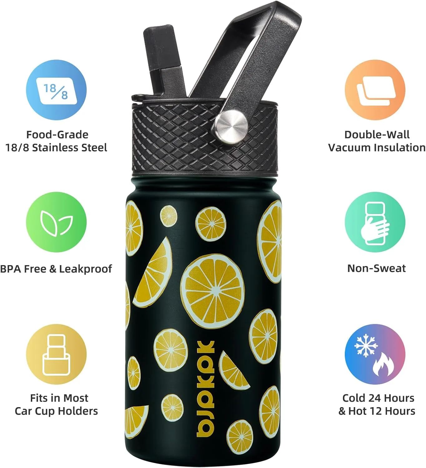 BJPKPK Water Bottle with Straw Lid, 15 oz Insulated Water Bottle, Stainless Steel Metal Water Bottles, Reusable Leak Proof BPA Free Thermos, Flask, Cups,Lemon