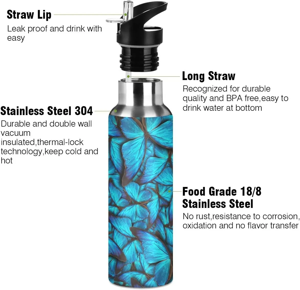 Blue Butterfly Water Bottle with Straw Lid for Fitness Gym Camping Outdoor Sports, Wide Mouth Vacuum Insulated 18/8 Stainless Steel, 22 oz