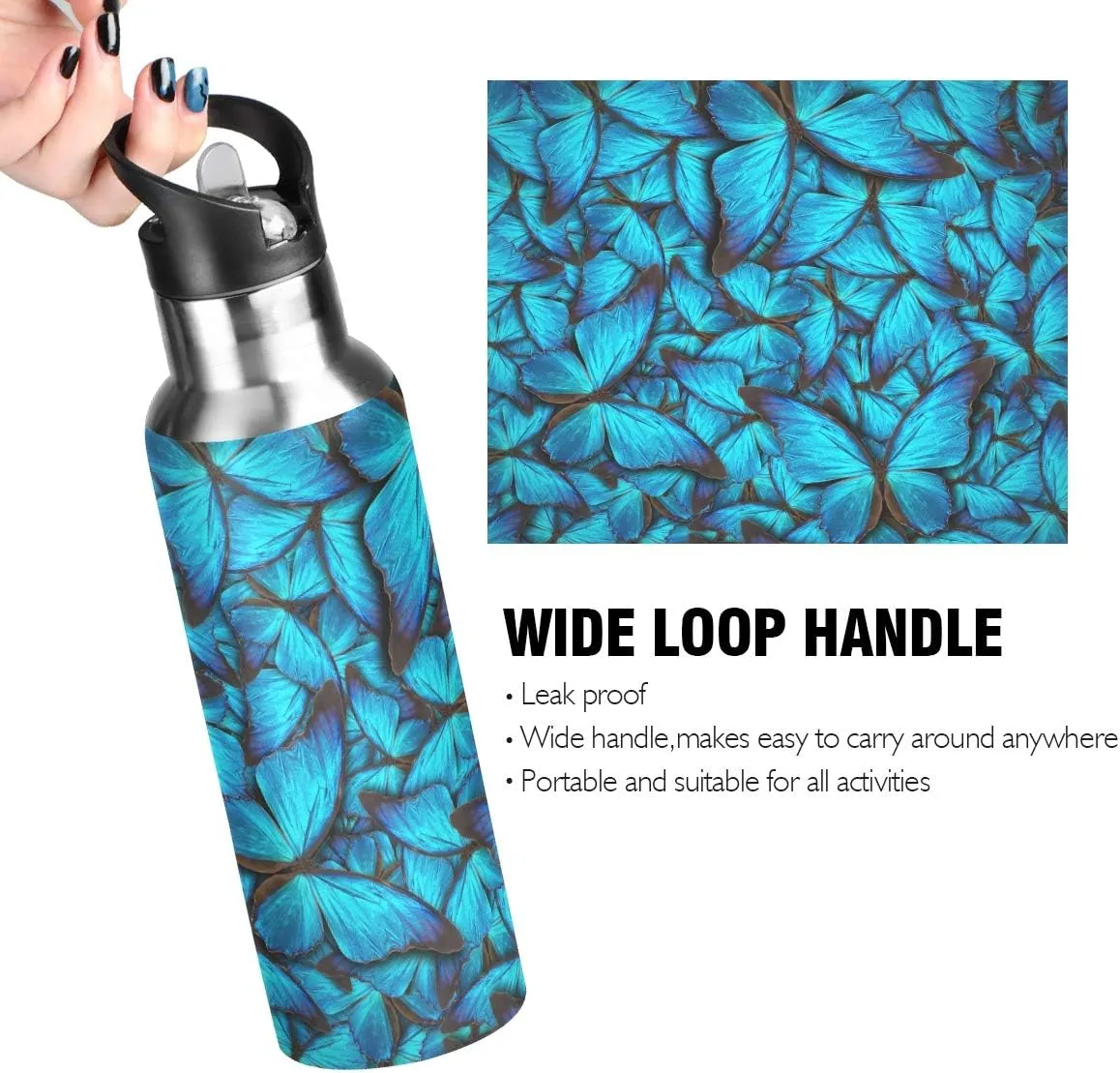 Blue Butterfly Water Bottle with Straw Lid for Fitness Gym Camping Outdoor Sports, Wide Mouth Vacuum Insulated 18/8 Stainless Steel, 22 oz