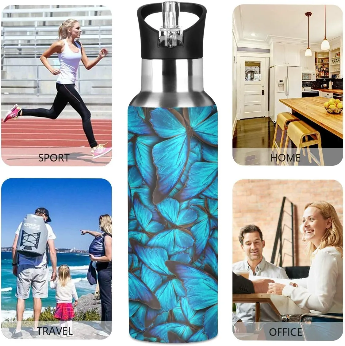 Blue Butterfly Water Bottle with Straw Lid for Fitness Gym Camping Outdoor Sports, Wide Mouth Vacuum Insulated 18/8 Stainless Steel, 22 oz
