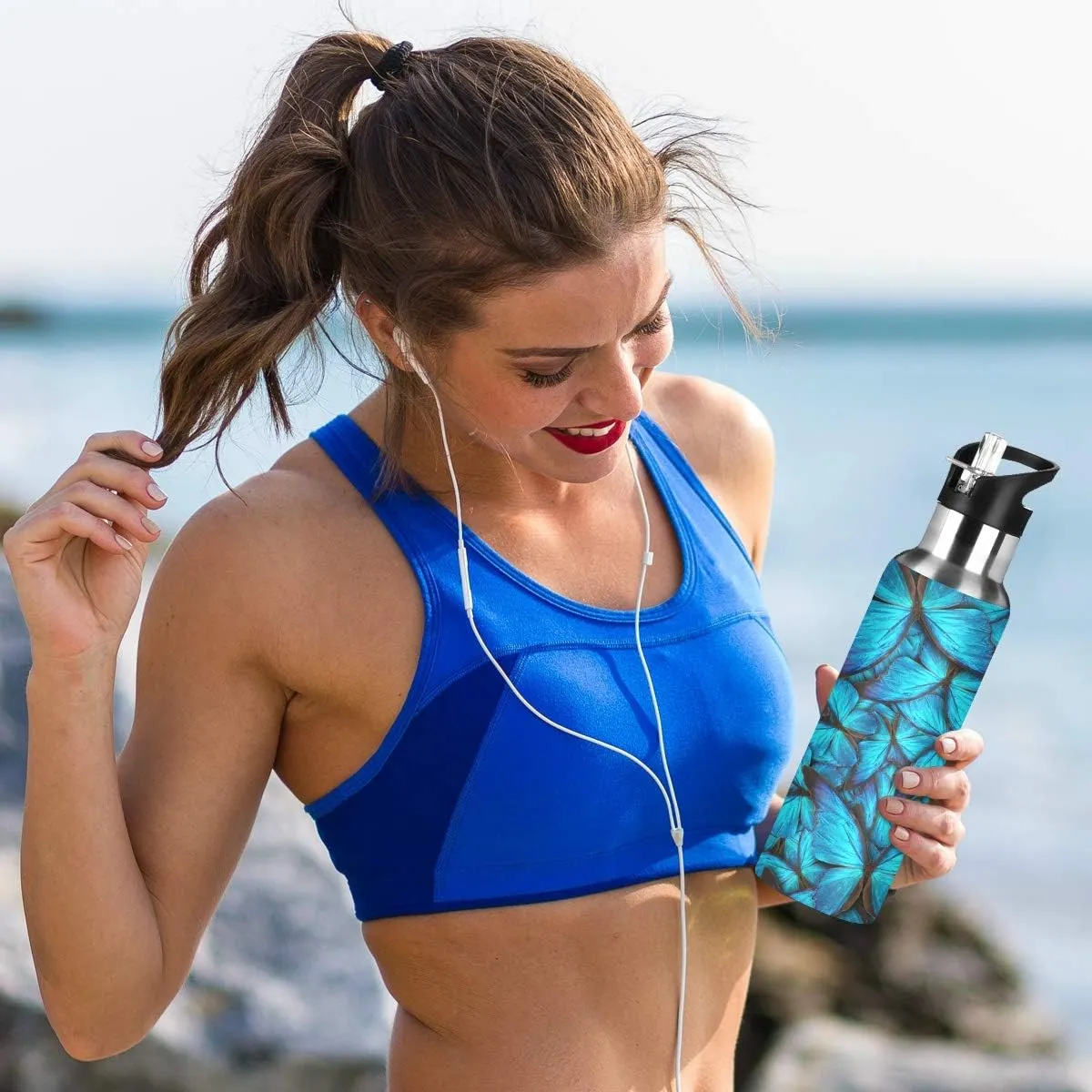 Blue Butterfly Water Bottle with Straw Lid for Fitness Gym Camping Outdoor Sports, Wide Mouth Vacuum Insulated 18/8 Stainless Steel, 22 oz