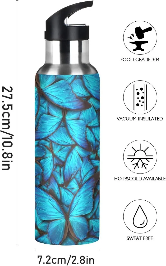 Blue Butterfly Water Bottle with Straw Lid for Fitness Gym Camping Outdoor Sports, Wide Mouth Vacuum Insulated 18/8 Stainless Steel, 22 oz