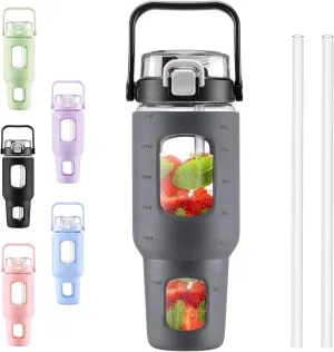 BLUEGO 40 oz Glass Water Bottles with Straw Time Marker, Glass Tumbler with Handle Top Lids, Easy to Clean, Fits in Car Cup Holder, Leakproof Jug for Gym, Sports, Workout & Daily, Dark Grey