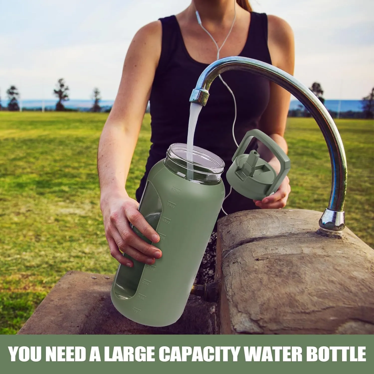 BLUEGO 64oz Glass Water Bottles with 2 Lids Flip Lid and Spout Lid Half Gallon Water Bottle with Straw 2L Large Water Bottle with Time and Capacity Markers for Gym Home Office Leak-proof, Oliver