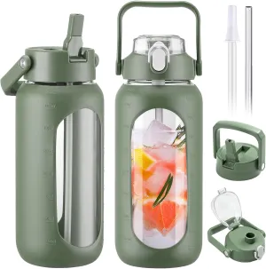 BLUEGO 64oz Glass Water Bottles with 2 Lids Flip Lid and Spout Lid Half Gallon Water Bottle with Straw 2L Large Water Bottle with Time and Capacity Markers for Gym Home Office Leak-proof, Oliver