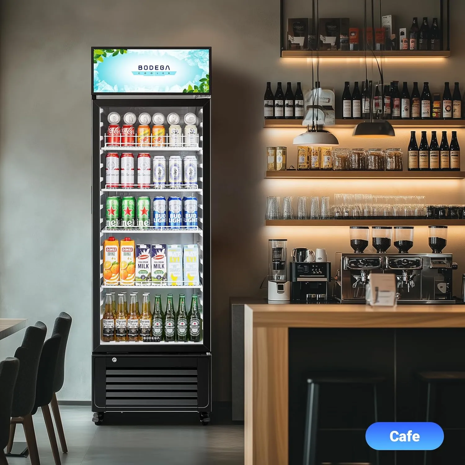 BODEGACOOLER Beverage Refrigerator and Cooler, Commercial Refrigerators with 4 shelves, Commercial Fridge with Soft LED Light. Merchandiser Refrigerators as Black Bar Cooler For Party, 9.0 Cu. Ft