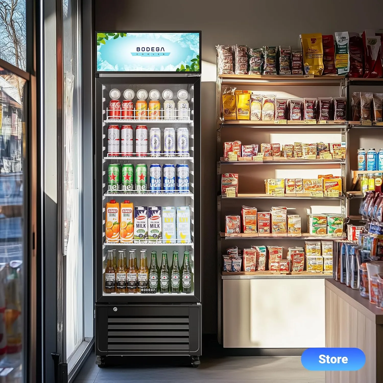 BODEGACOOLER Beverage Refrigerator and Cooler, Commercial Refrigerators with 4 shelves, Commercial Fridge with Soft LED Light. Merchandiser Refrigerators as Black Bar Cooler For Party, 9.0 Cu. Ft