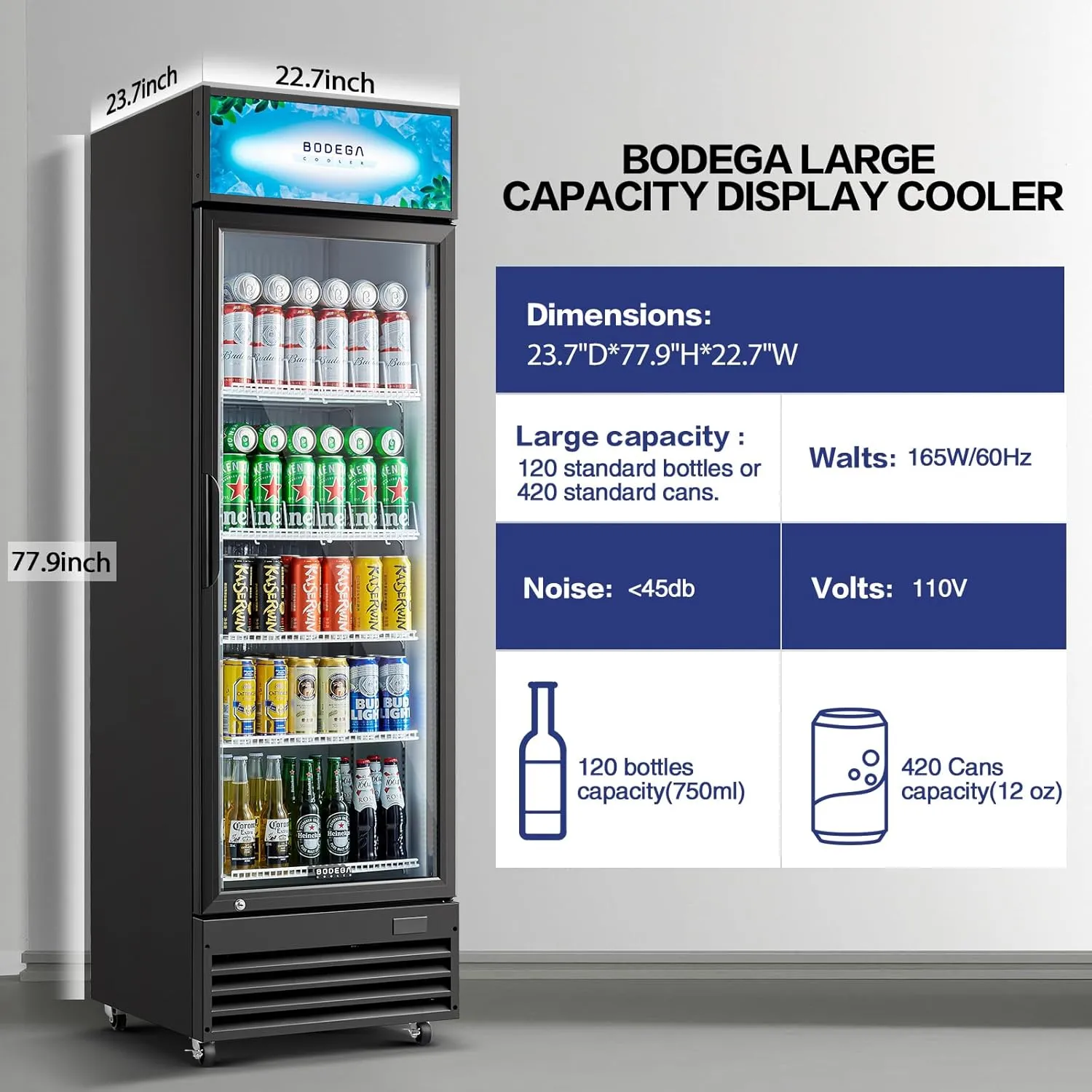 BODEGACOOLER Commercial Beverage Refrigerator and Cooler, Commercial Merchandiser Refrigerator with Soft LED Light, Adjustable Shelves, Display Fridge with 420 cans & 120 bottles,12.5 Cu.Ft.