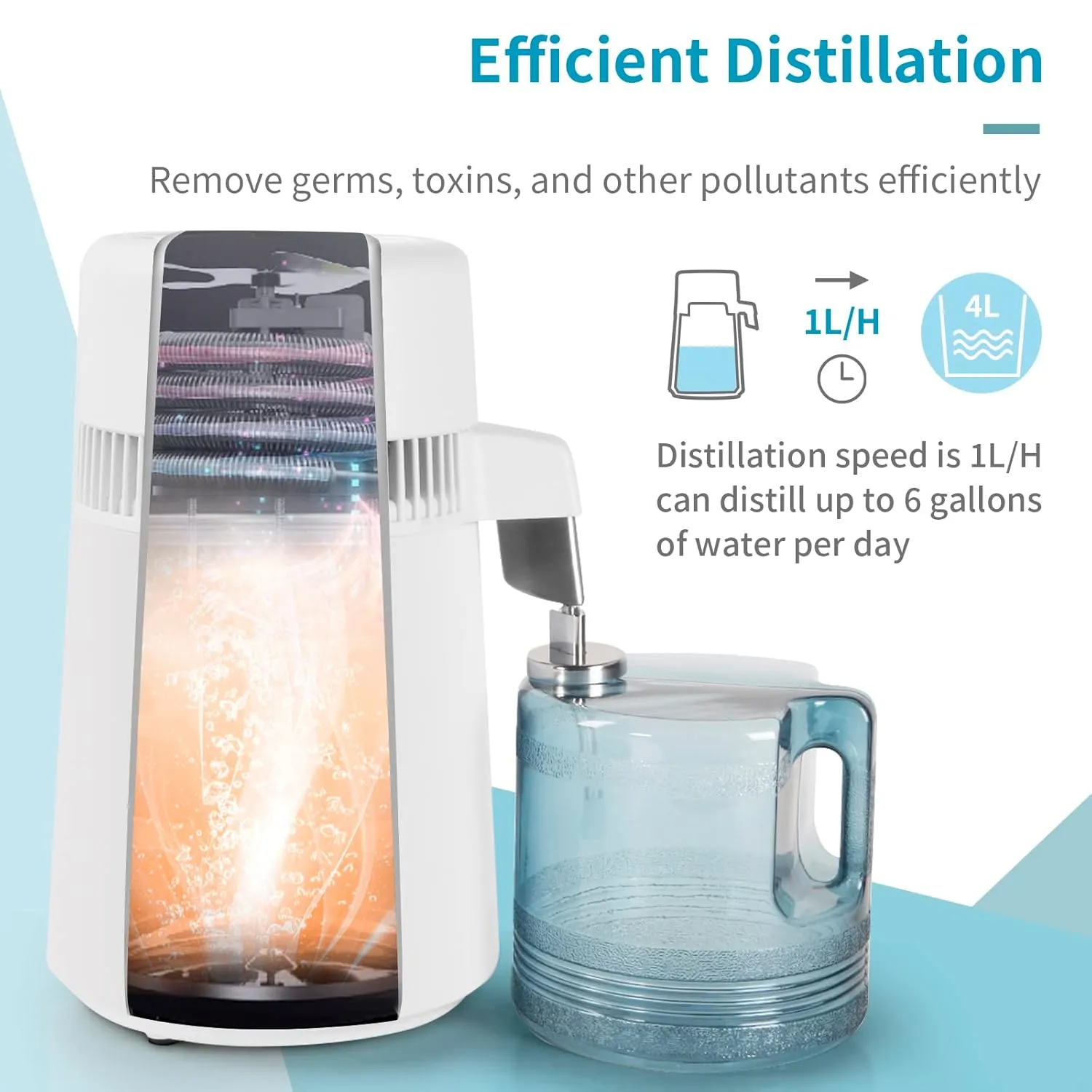 Bonnlo 1.1 Gallon/4L Water Distiller w/BPA-Free Container & All Stainless Steel Interior for Home Use, 750W Countertop Distilled Water Machine Maker Purifier Filter, Distilling Pure Water Maker