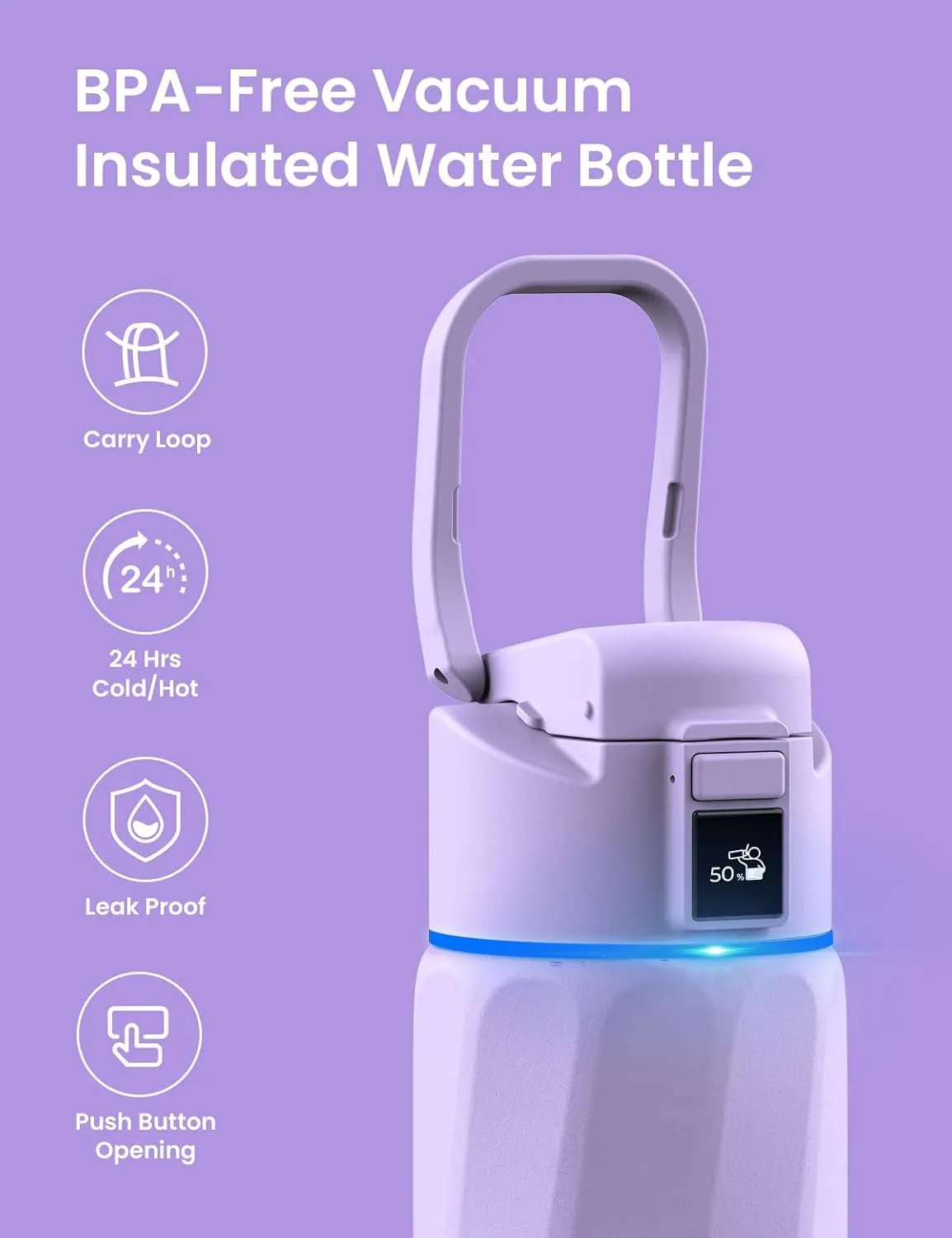 Boost Smart Water Bottle with Reminder to Drink Water, 24oz BPA-Free Stainless Steel Vacuum Insulated Water Bottle, Wide Mouth Water Tracker Bottle with APP, Ideal for Gift