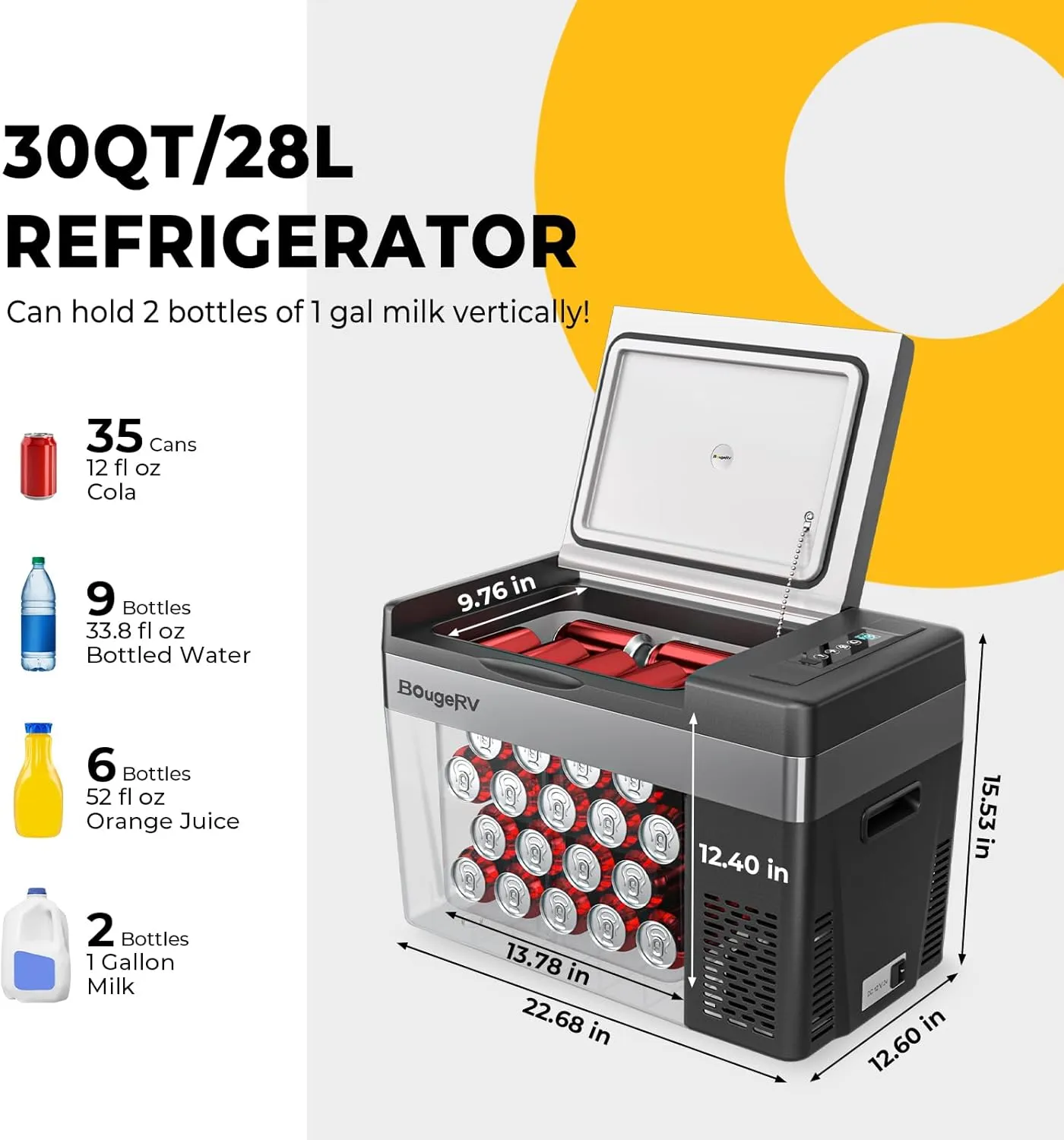 BougeRV 12 Volt Refrigerator 12V Car Fridge 30 Quart Portable Freezer Compressor Cooler Compressor Freezer, 12/24V DC 110~240V AC, -7℉~50℉ for Truck RV SUV (Black)