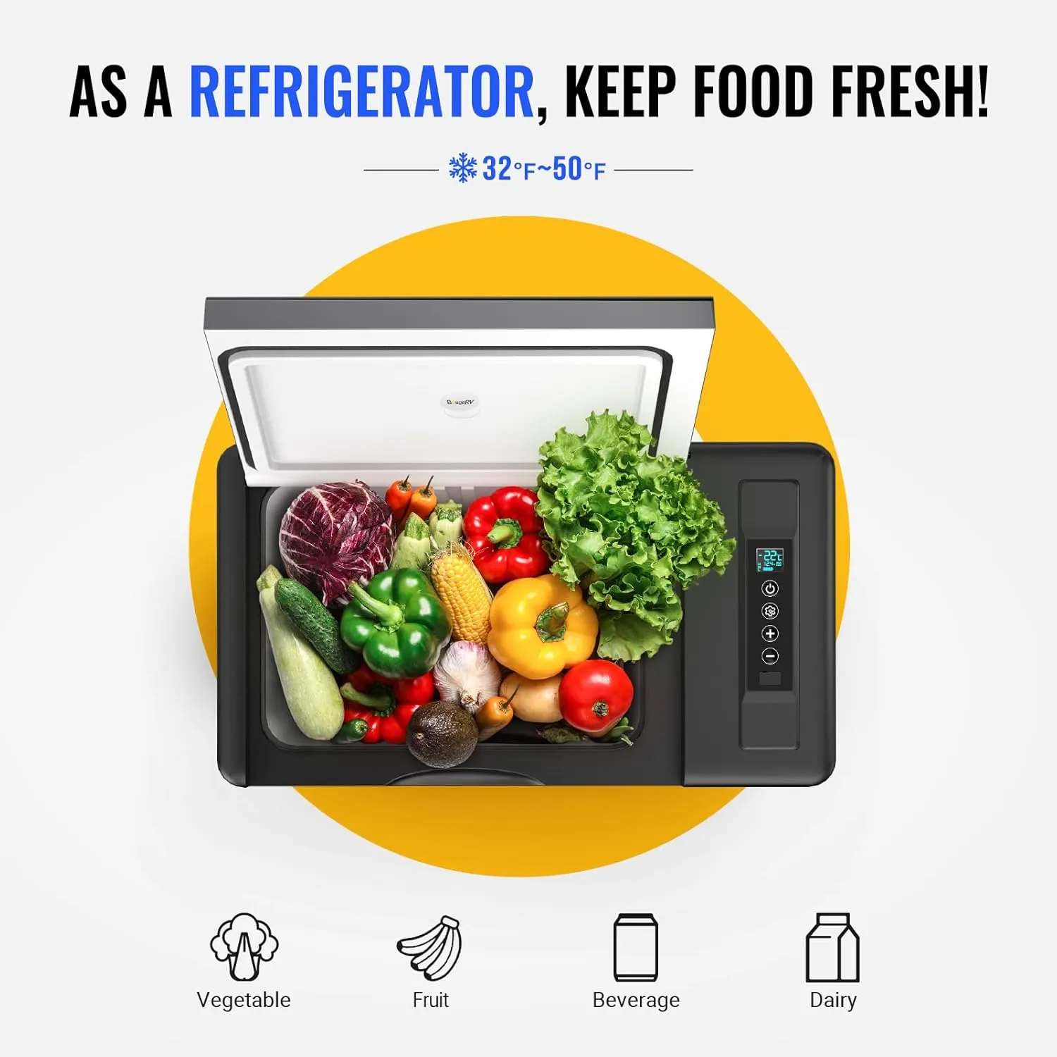 BougeRV 12 Volt Refrigerator 12V Car Fridge 30 Quart Portable Freezer Compressor Cooler Compressor Freezer, 12/24V DC 110~240V AC, -7℉~50℉ for Truck RV SUV (Black)