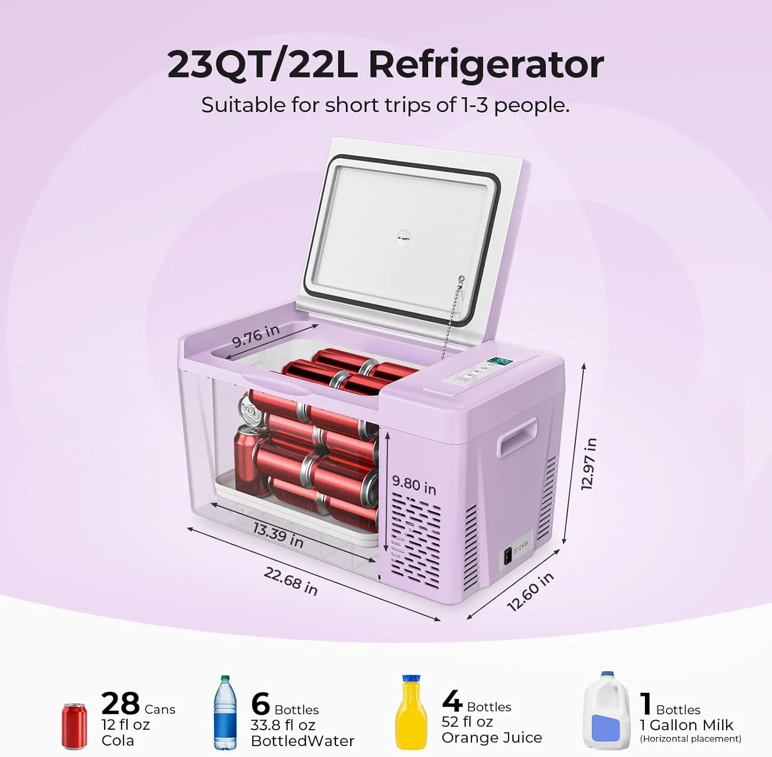 BougeRV Purple 23Quart Portable Refrigerator, 12 Volt Fridge 22L, Portable Freezer Compressor Cooler 12/24V DC 110~240 Volt AC for Truck Van RV Camper -7℉~50℉