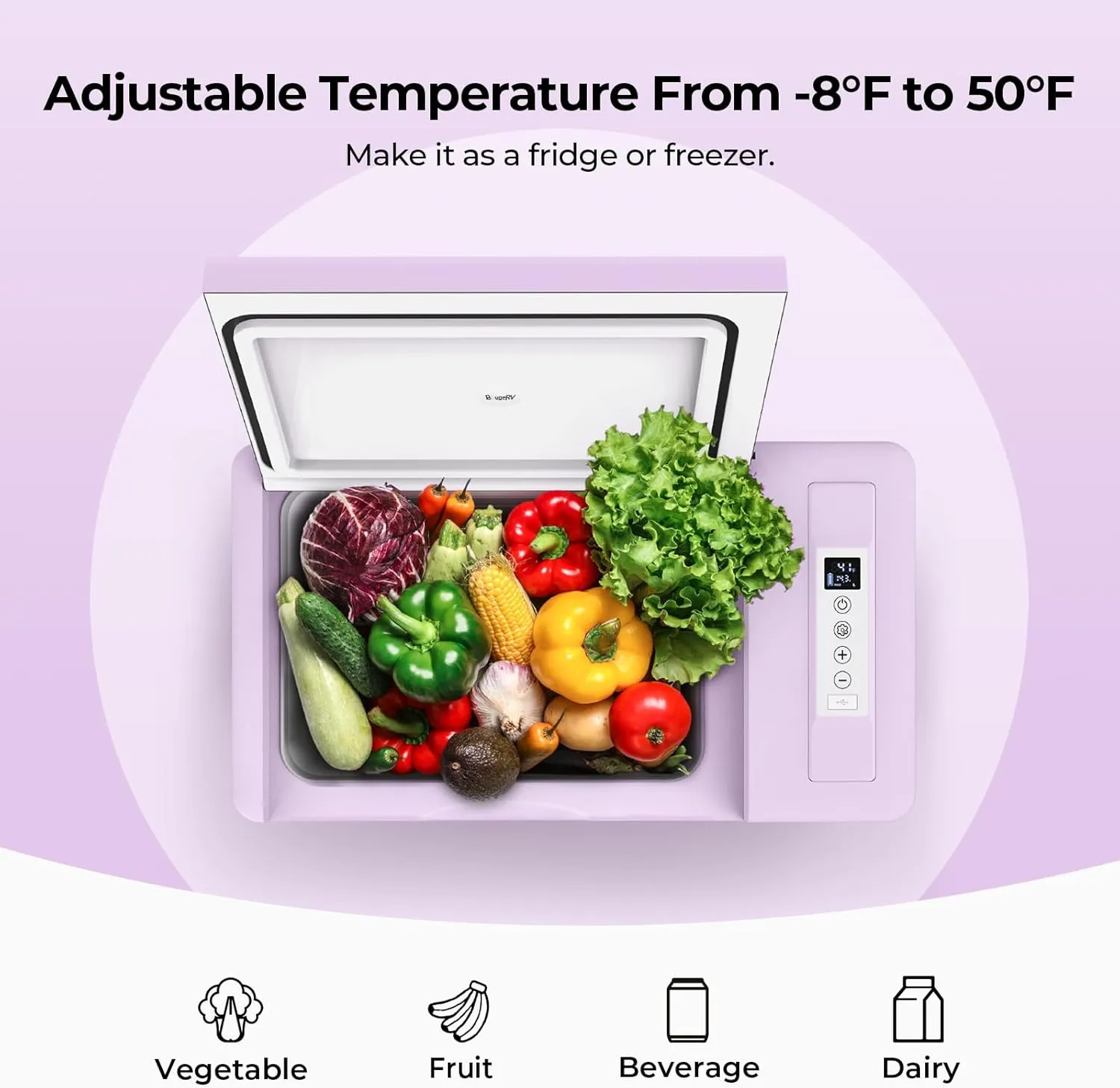 BougeRV Purple 23Quart Portable Refrigerator, 12 Volt Fridge 22L, Portable Freezer Compressor Cooler 12/24V DC 110~240 Volt AC for Truck Van RV Camper -7℉~50℉