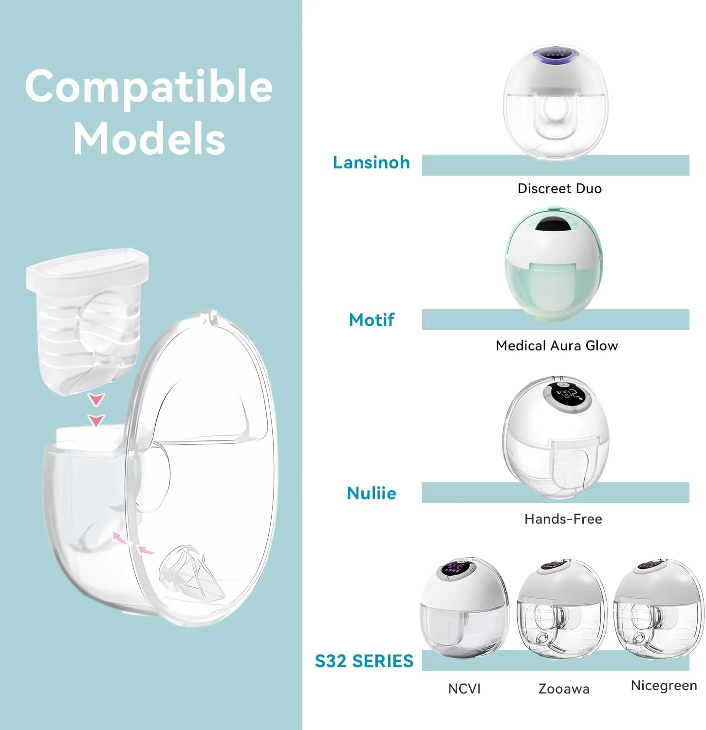 Breast Pump Parts for Lansinoh Discreet Duo/Nuliie/Motif Aura Glow S32 Wearable Breast Pump, Incl 6PCS Duckbill Valves & 2PCS Silicone Diaphragms