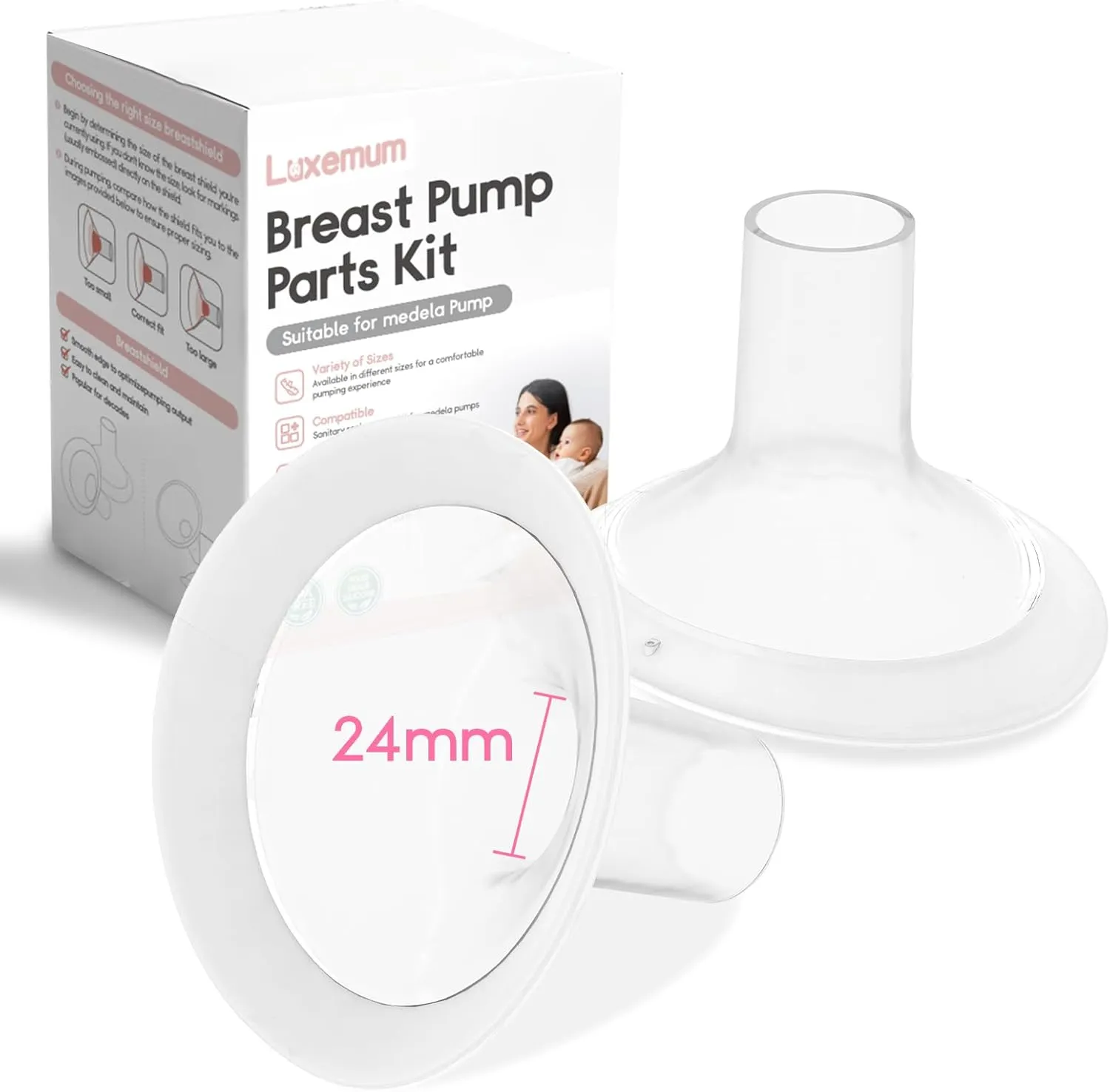 Breast Pump Parts for Medela, 24MM Oval Soft Flanges w/ 106 Degree Wider Opening Angle for Medela Symphony Pump, PersonalFit, Freestyle, Maxflow, Freestyle Flex Swing Maxi Connector（2 Packs ）