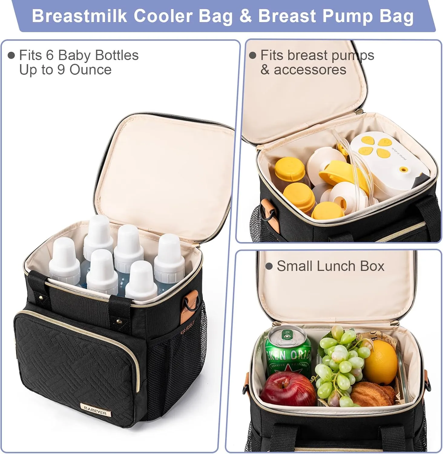 Breastmilk Cooler Bag with Ice Pack Fits 6 Baby Bottles up to 9 Ounce, Breast Milk Pump Cooler Bag for Nursing Mom Daycare, Work, Travel-Black