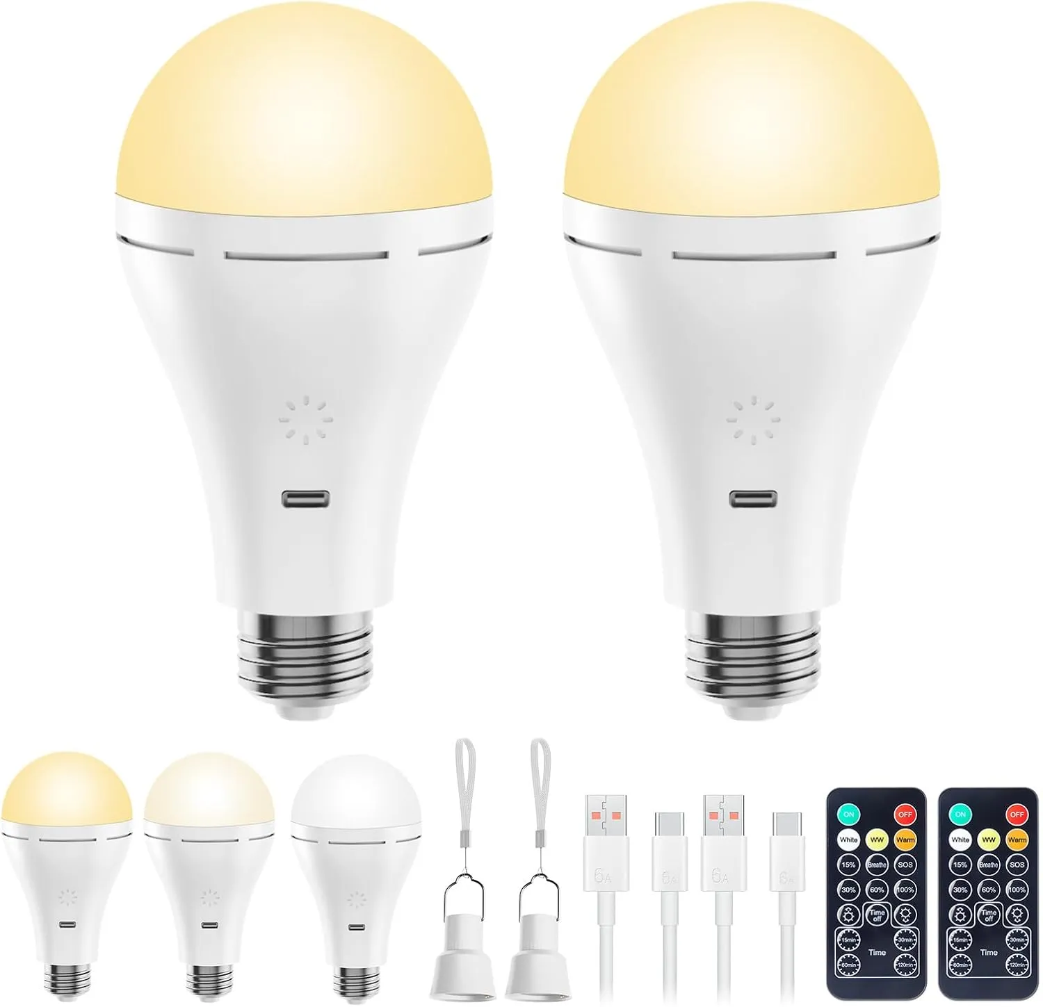 Brightown E26 Rechargeable Light Bulb with Remote and Timer, Battery Backup Bulb for Sconces and Lamps, Hanging LED Light Bulb with Hook for Camping Tent, Dimmable, 3 Color Temperatures, 2 Pack