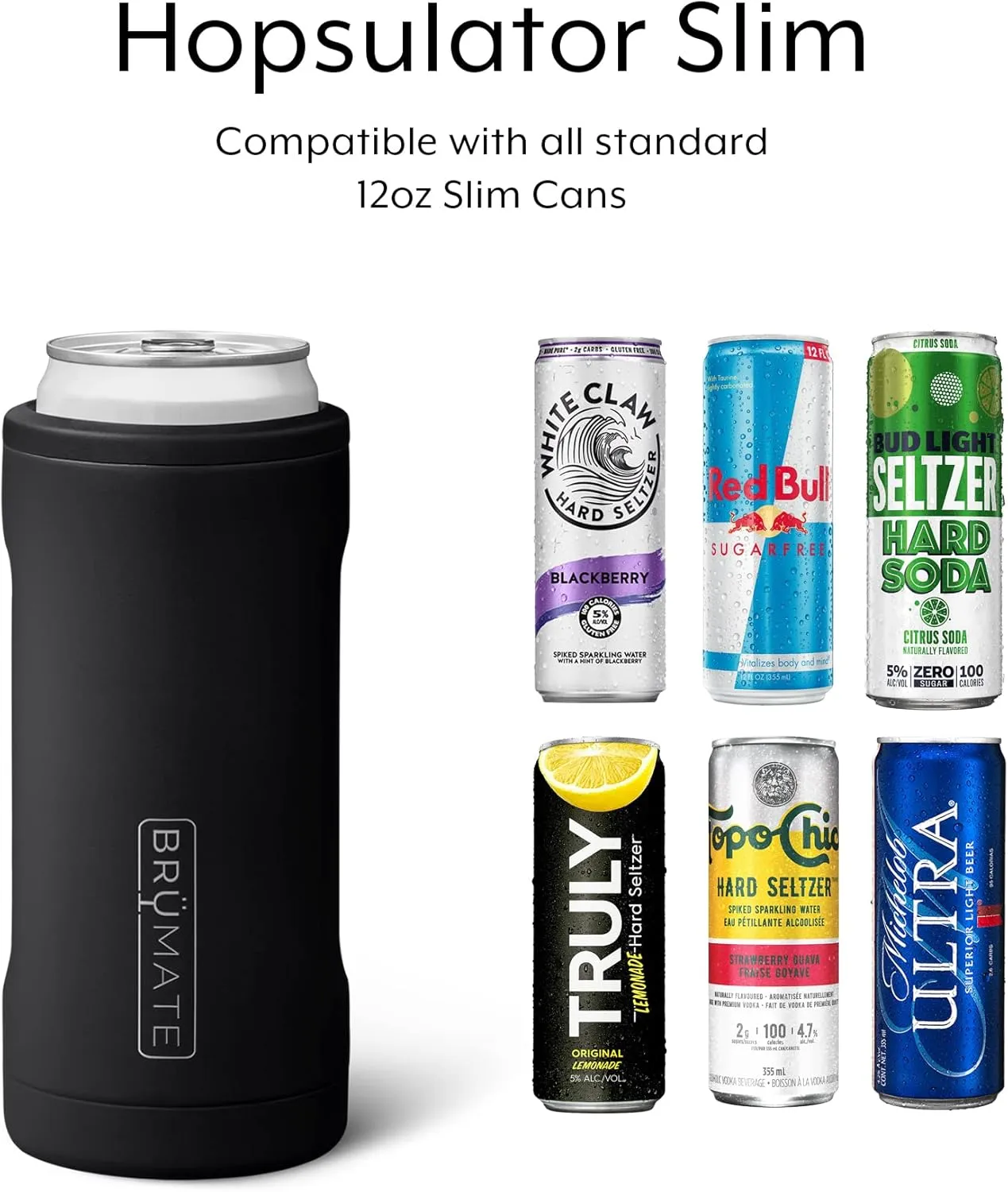 BrüMate Hopsulator Slim Can Cooler Insulated for 12oz Slim Cans | Skinny Can Insulated Stainless Steel Drink Holder for Hard Seltzer, Beer, Soda, and Energy Drinks